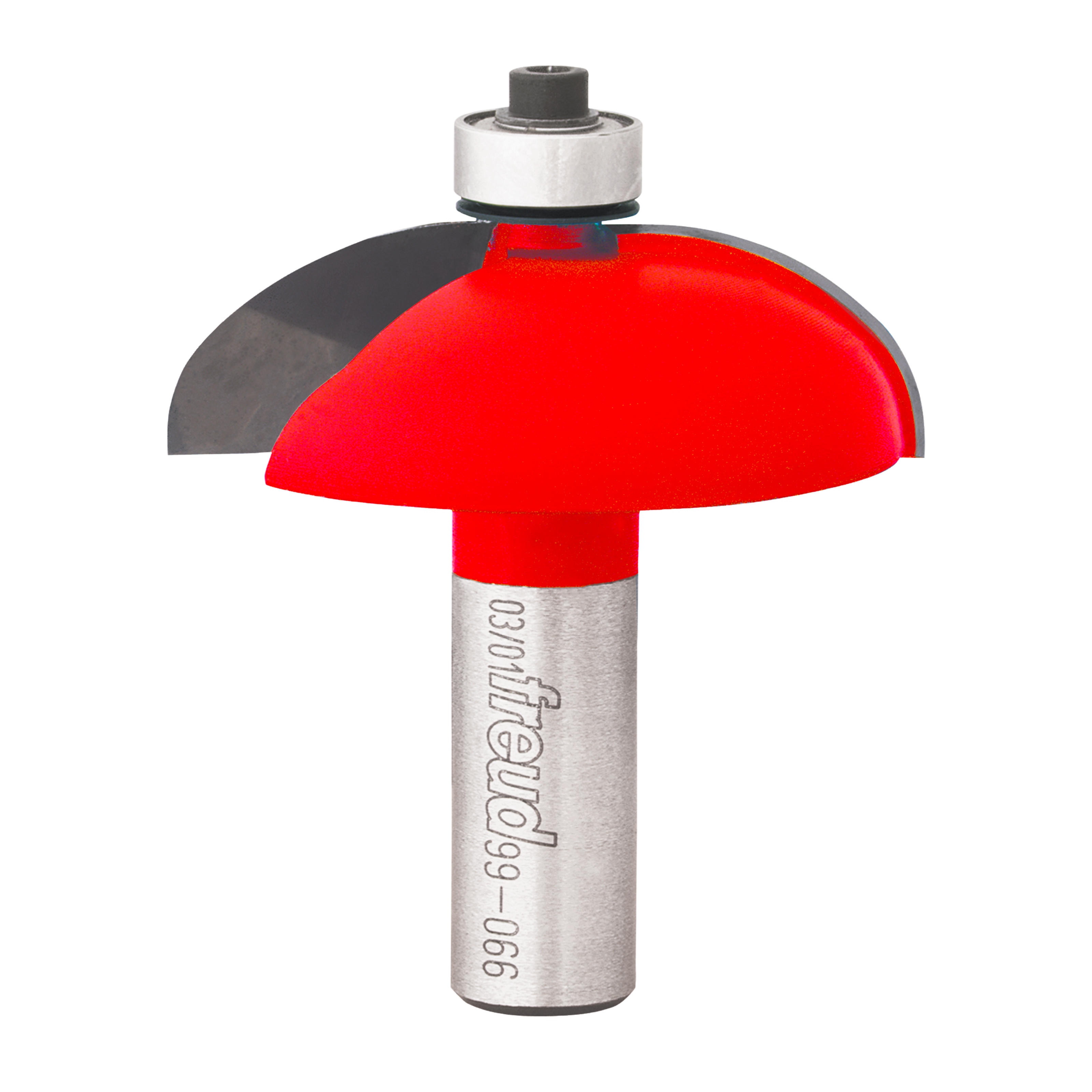 Red and gray router bit with rounded dome-shaped cutting head and cylindrical shank for woodworking applications.