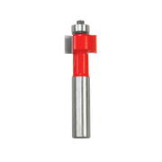 Metal router bit with red body and steel shaft, featuring a rectangular cutting edge near the top.