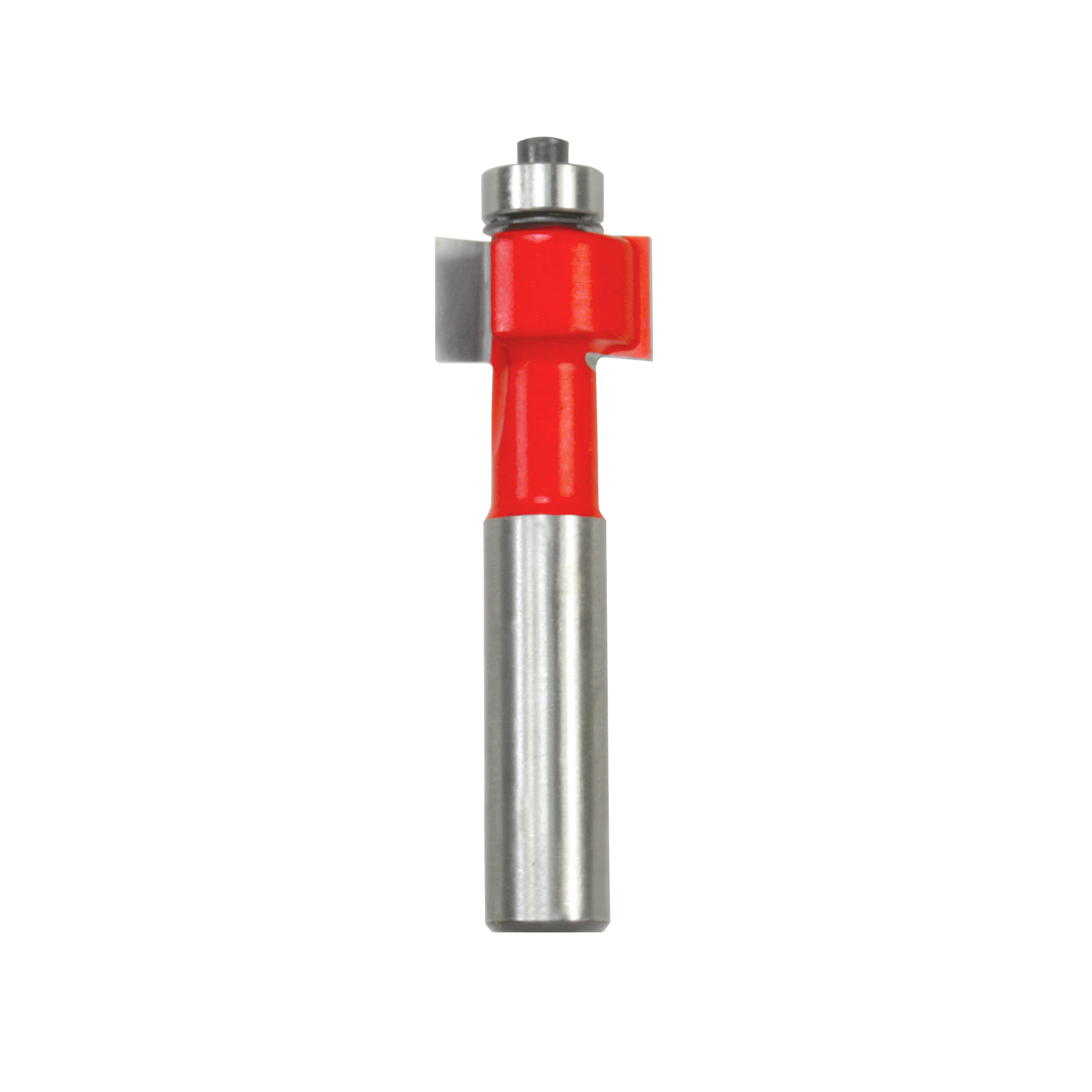 Metal router bit with red body and steel shaft, featuring a rectangular cutting edge near the top.