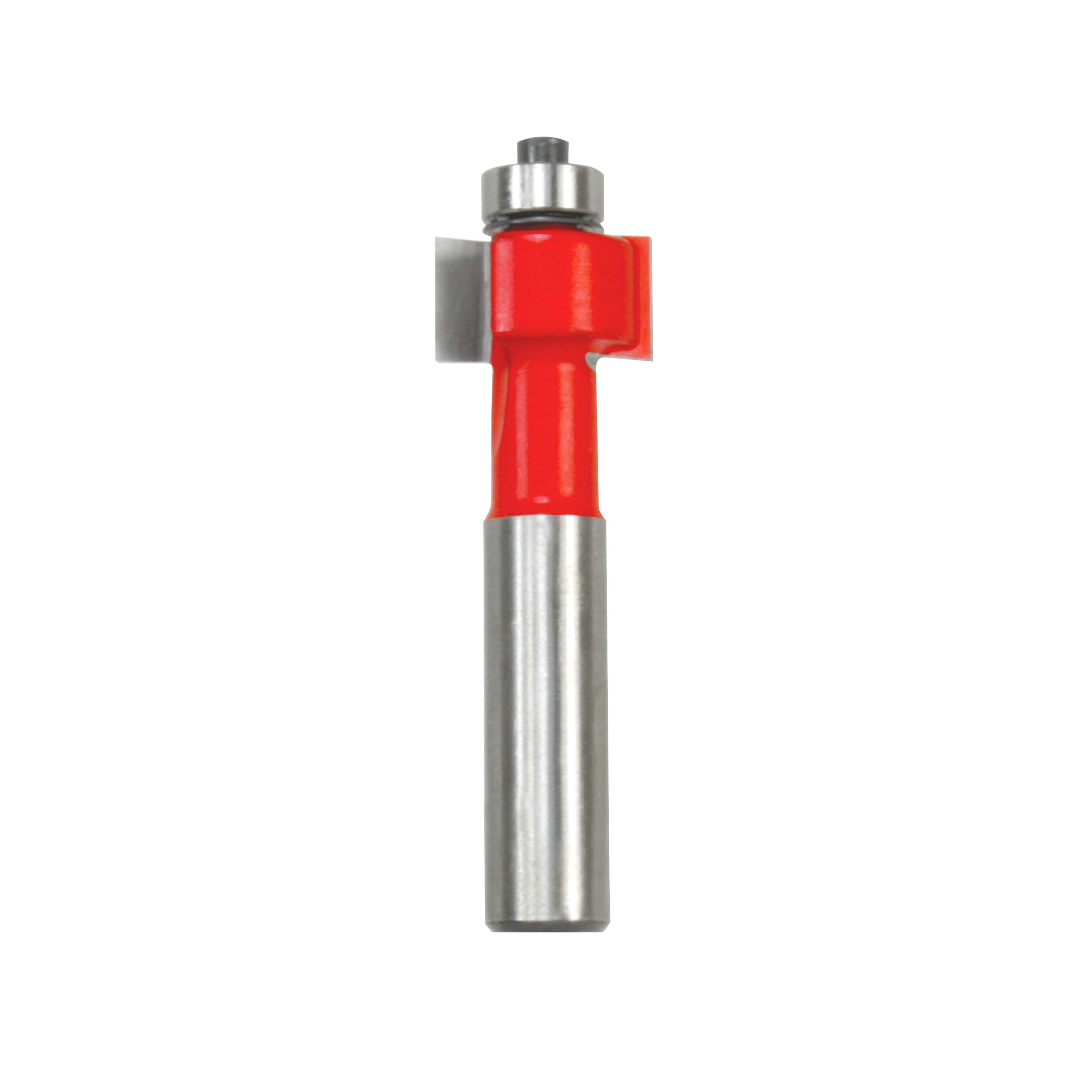 Metal router bit with red body and steel shaft, featuring a rectangular cutting edge near the top.