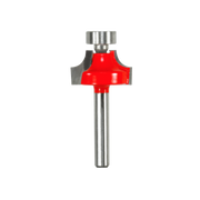 Router bit with red rounded cutting head, steel shaft, and silver pilot bearing at top.