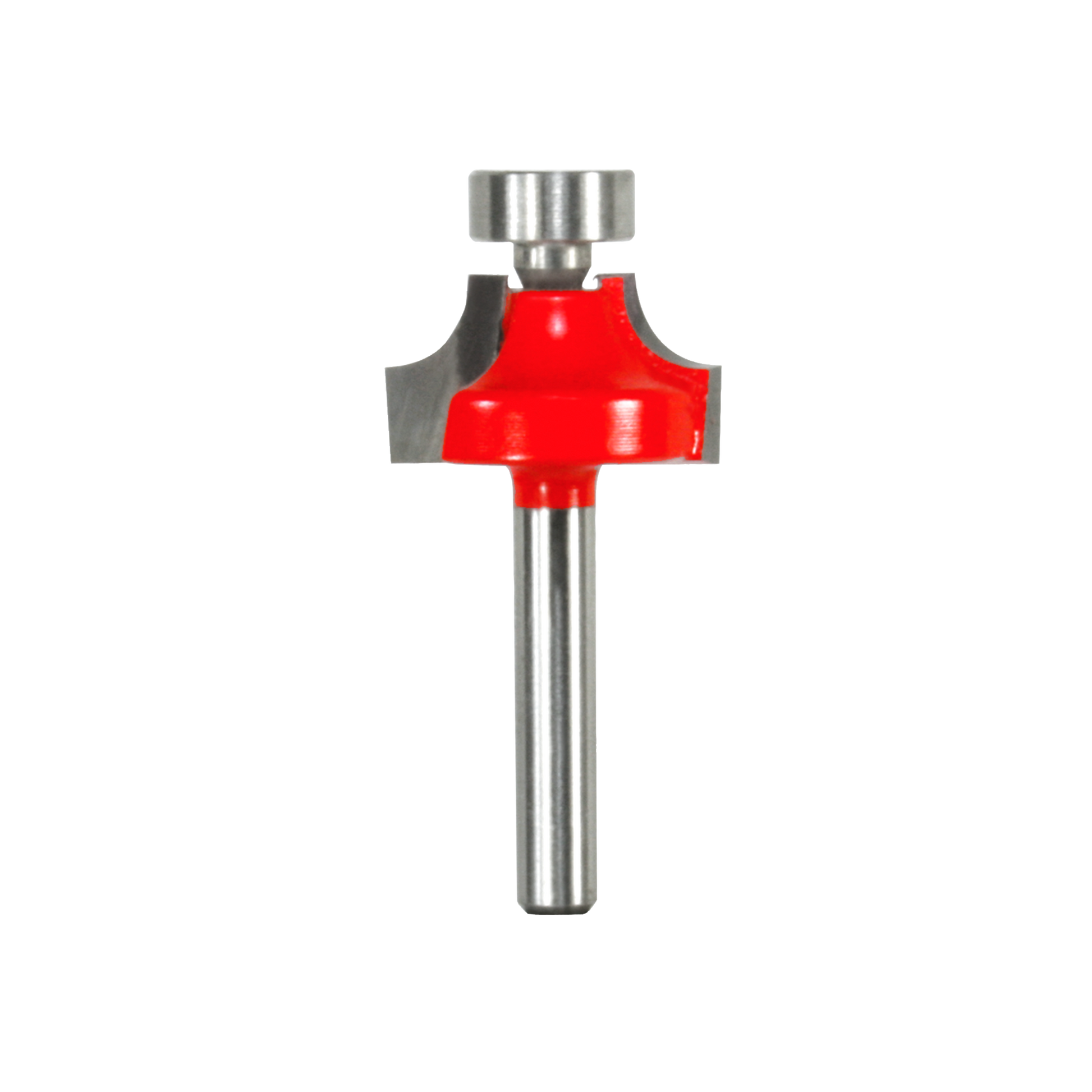 Router bit with red rounded cutting head, steel shaft, and silver pilot bearing at top.