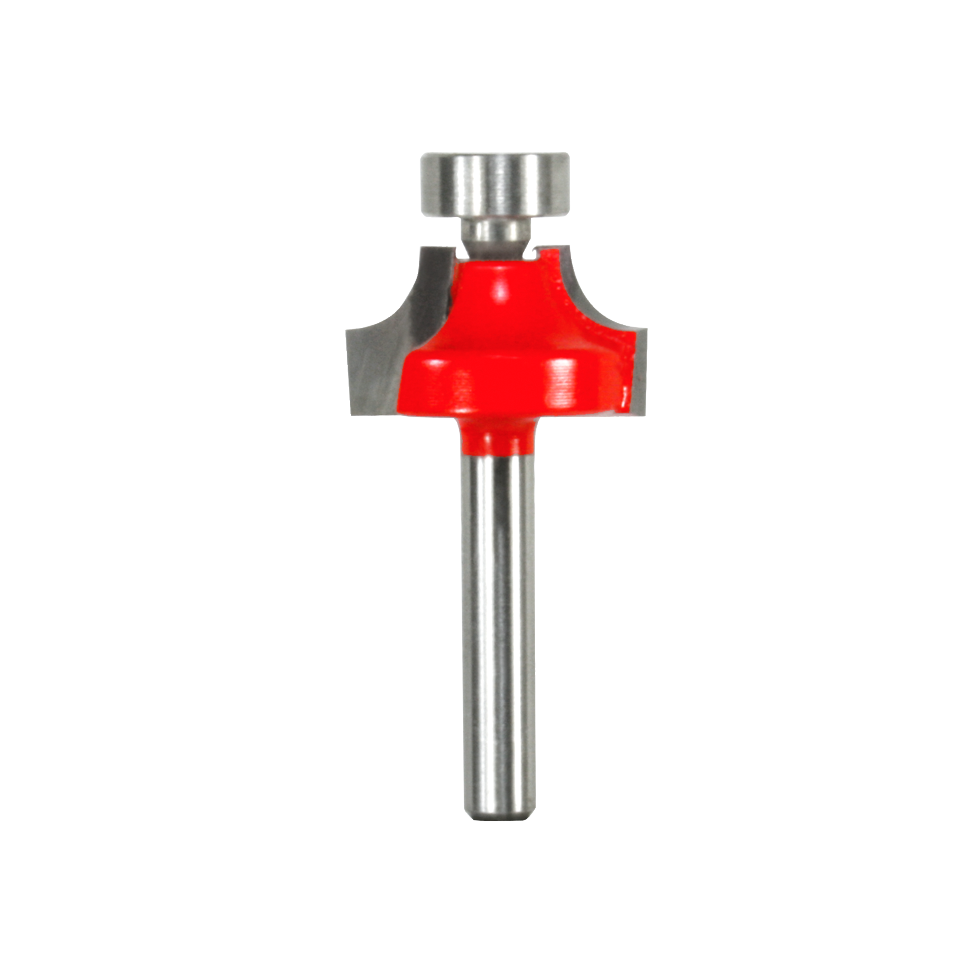 Router bit with red rounded cutting head, steel shaft, and silver pilot bearing at top.