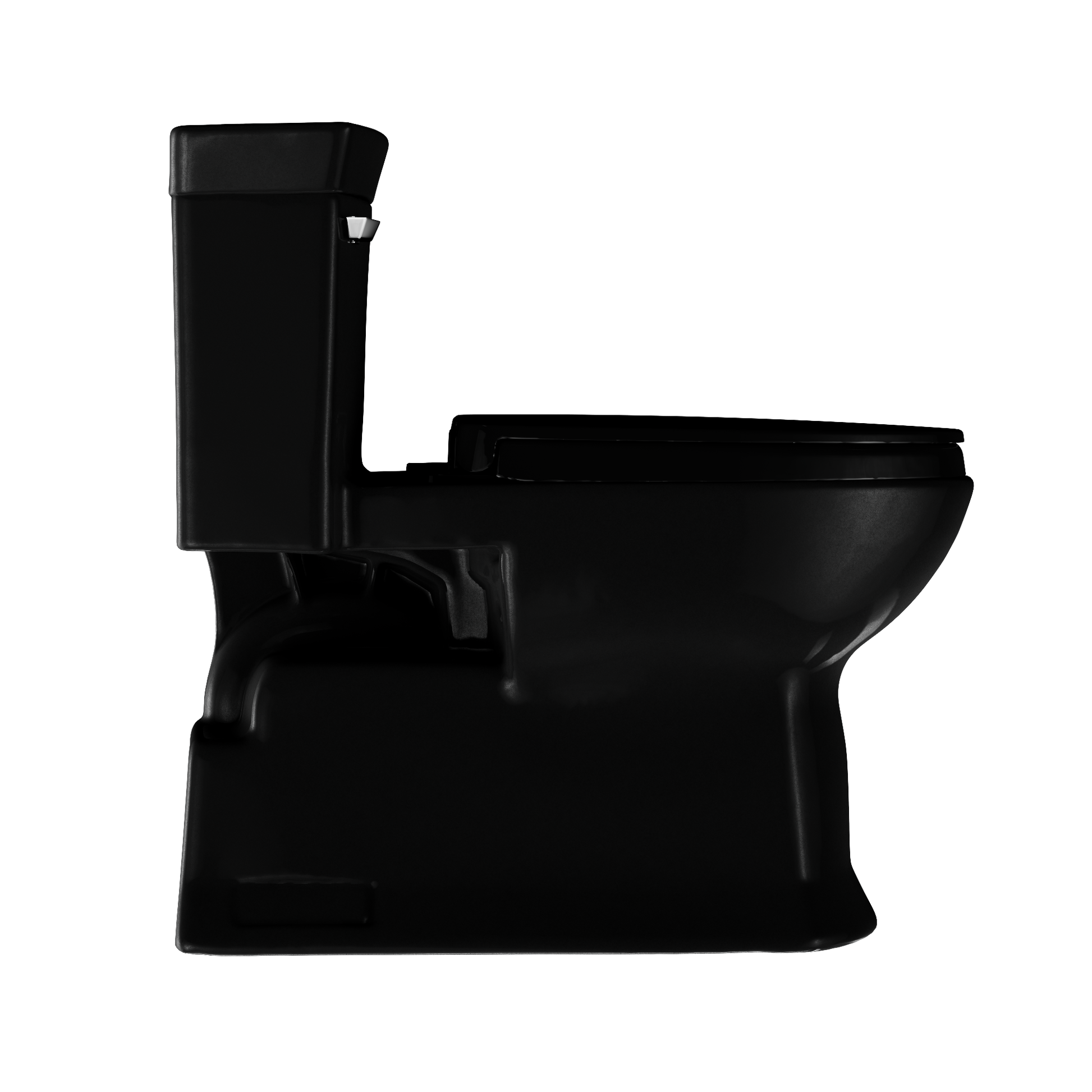 Ebony one-piece elongated toilet with soft-close seat and integrated tank, shown in side profile against white background.