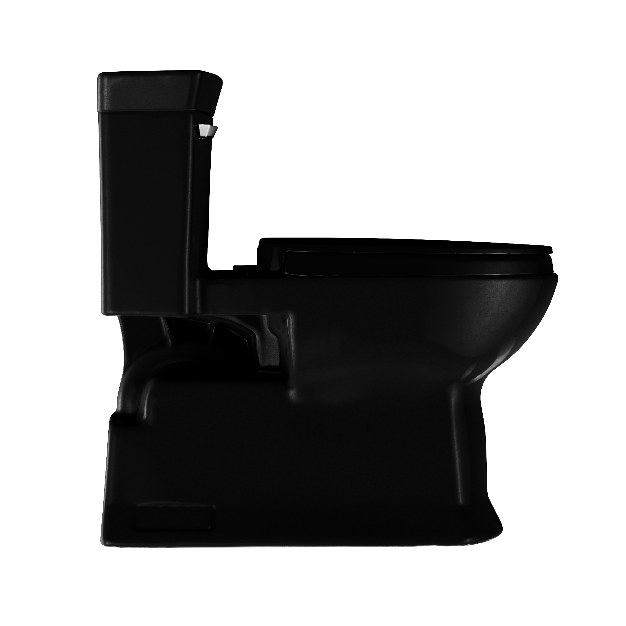 Ebony one-piece elongated toilet with soft-close seat and integrated tank, shown in side profile against white background.