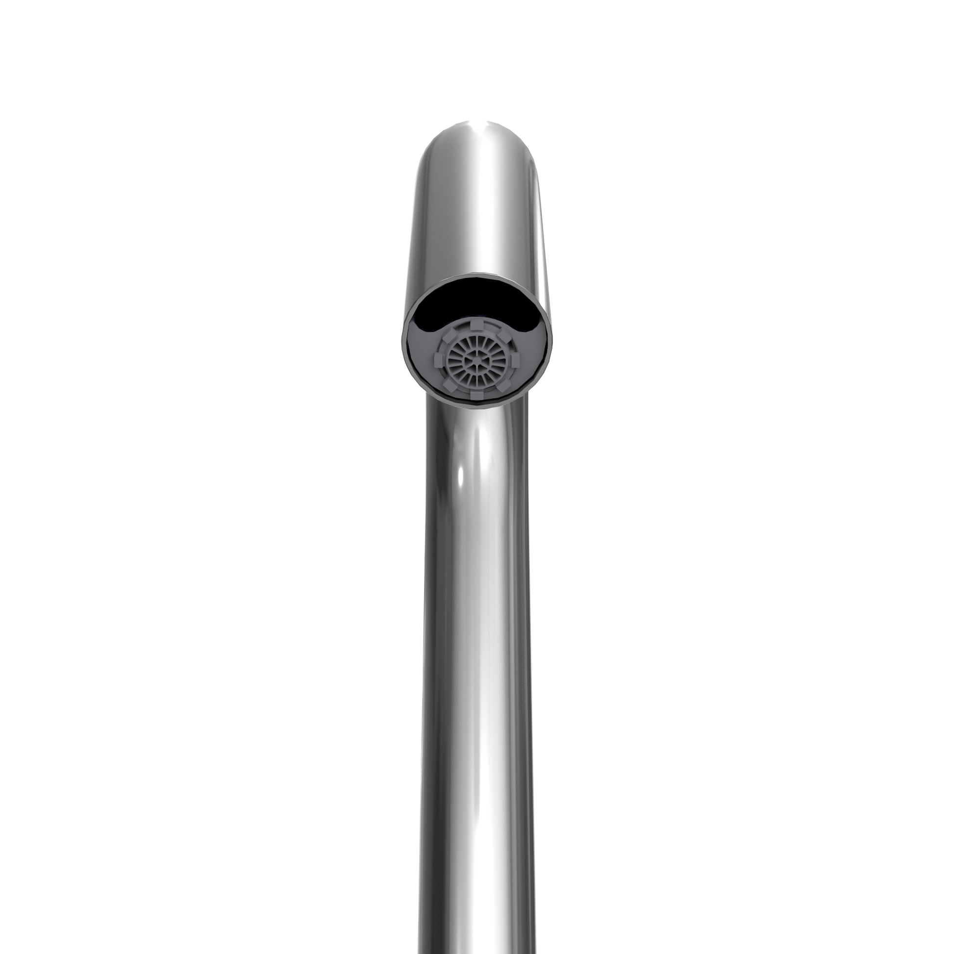 Polished chrome touchless bathroom faucet with cylindrical helix design and aerator head.