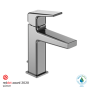 Polished chrome single-handle bathroom sink faucet with rectangular spout and angular body design.