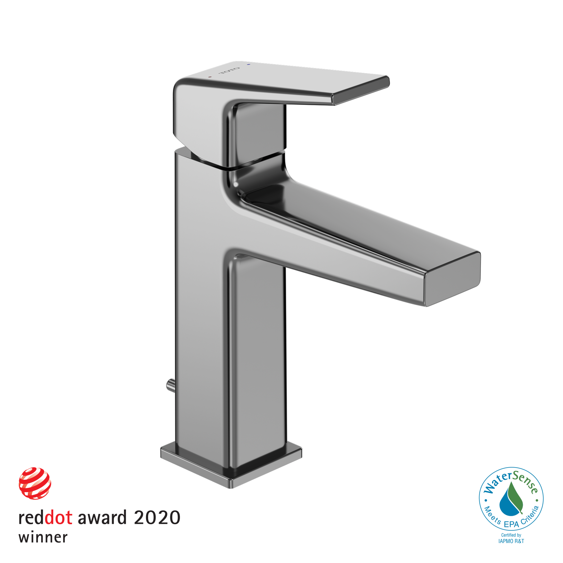 Polished chrome single-handle bathroom sink faucet with rectangular spout and angular body design.
