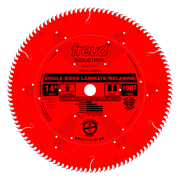 Red circular saw blade with 108 teeth, 14-inch diameter, white center arbor hole, and Freud Industrial branding for laminate 