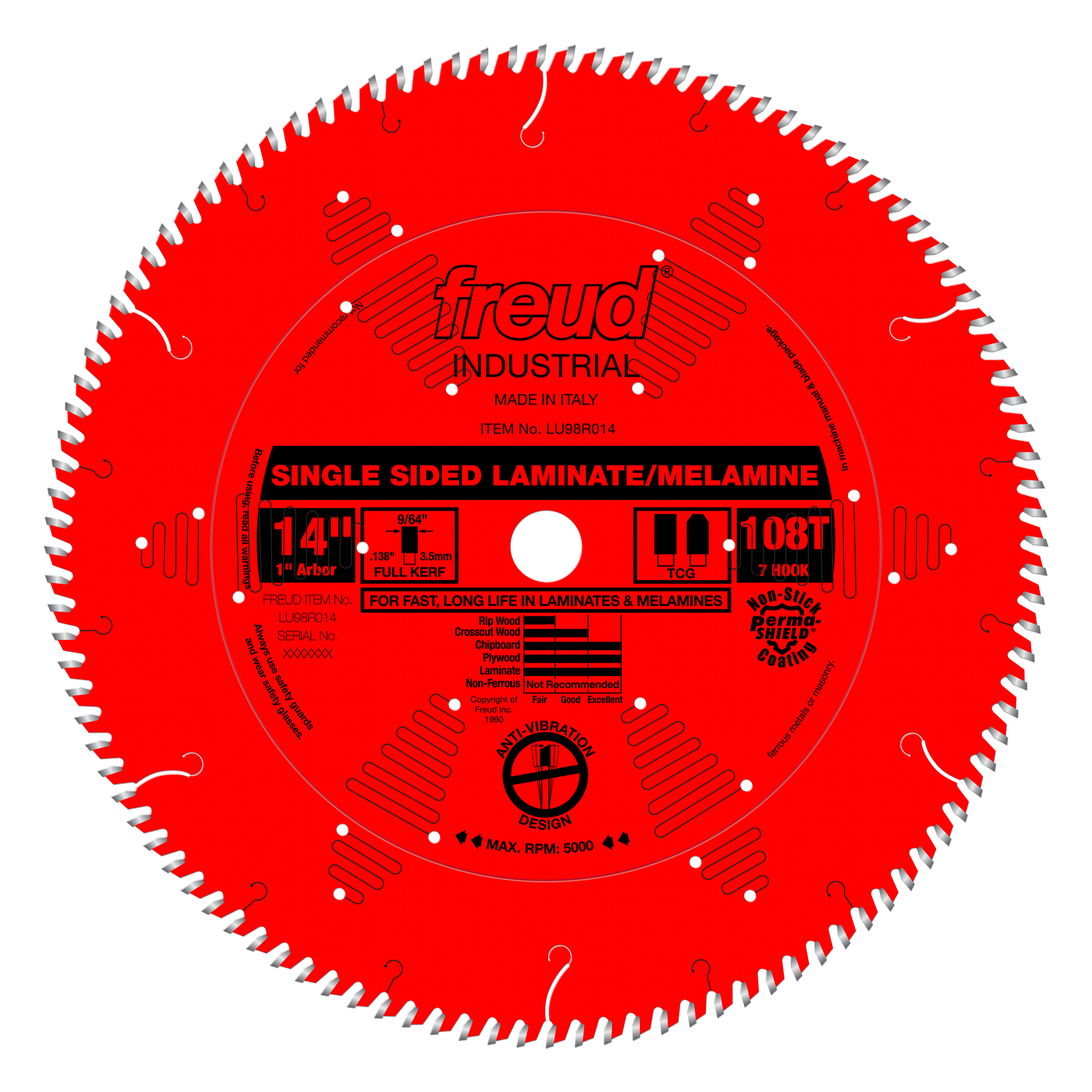 Red circular saw blade with 108 teeth, 14-inch diameter, white center arbor hole, and Freud Industrial branding for laminate 