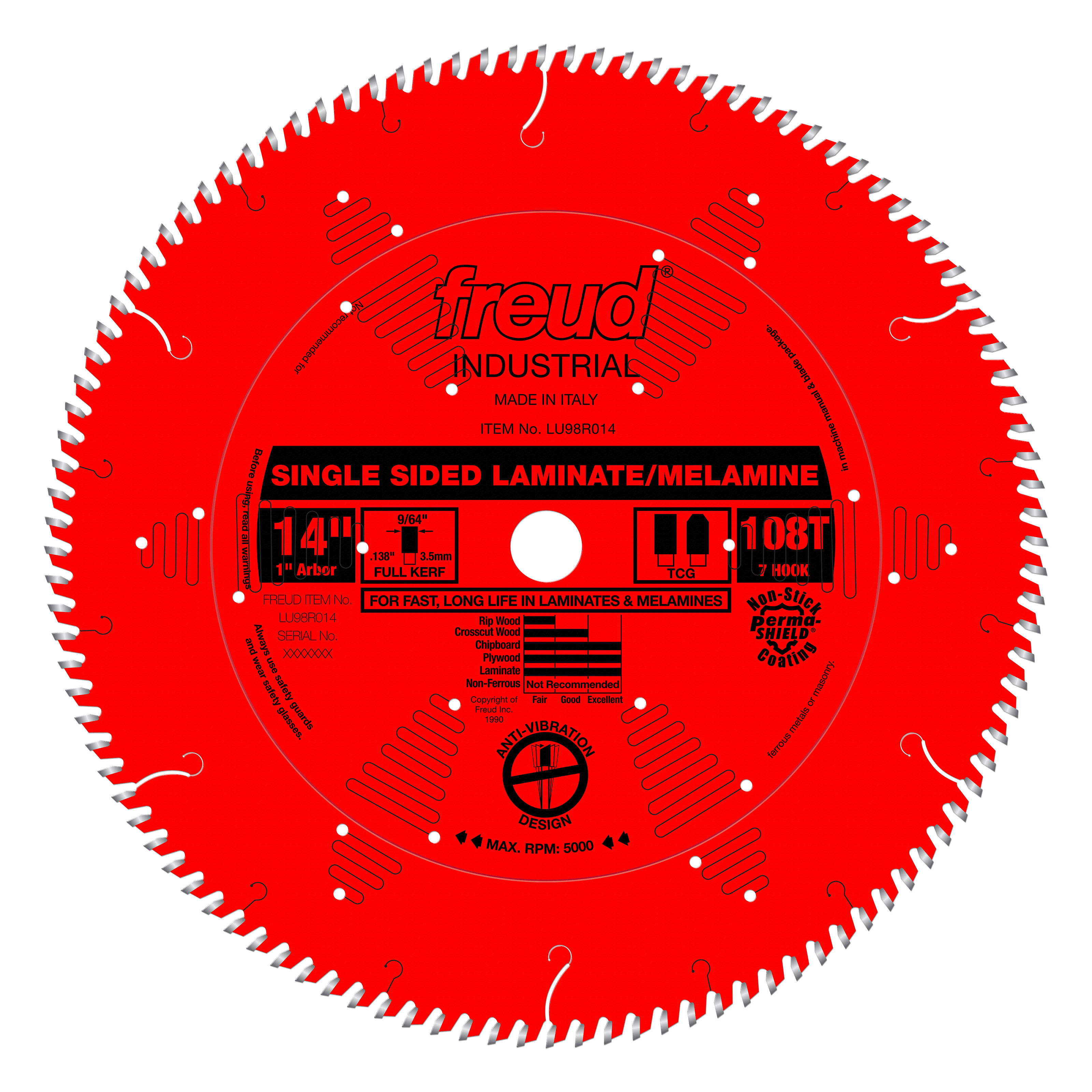 Red circular saw blade with 108 teeth, 14-inch diameter, white center arbor hole, and Freud Industrial branding for laminate 