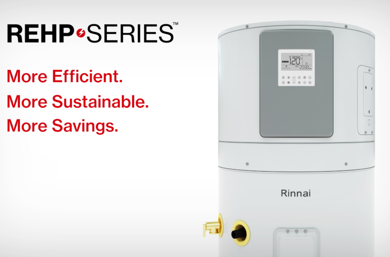 White cylindrical Rinnai REHP50 hybrid water heater with digital display panel and connection ports.