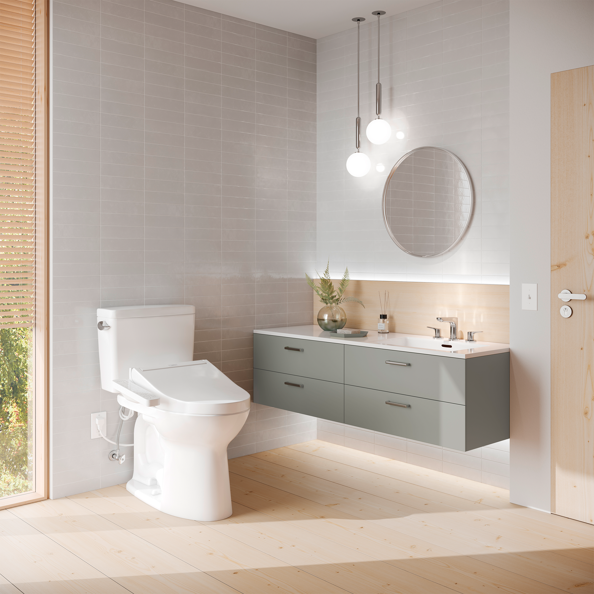 White two-piece elongated toilet with attached bidet seat in modern bathroom setting.