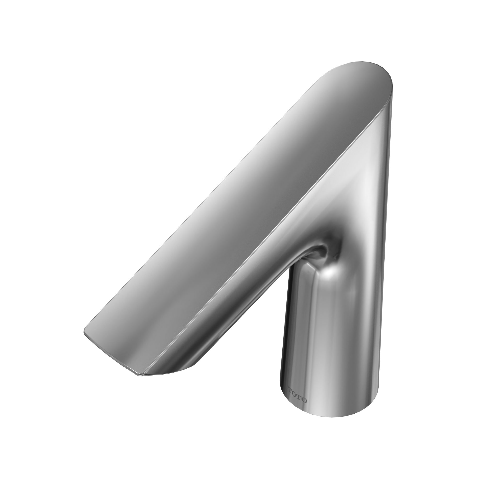 Polished chrome touchless bathroom faucet with curved spout and cylindrical base.