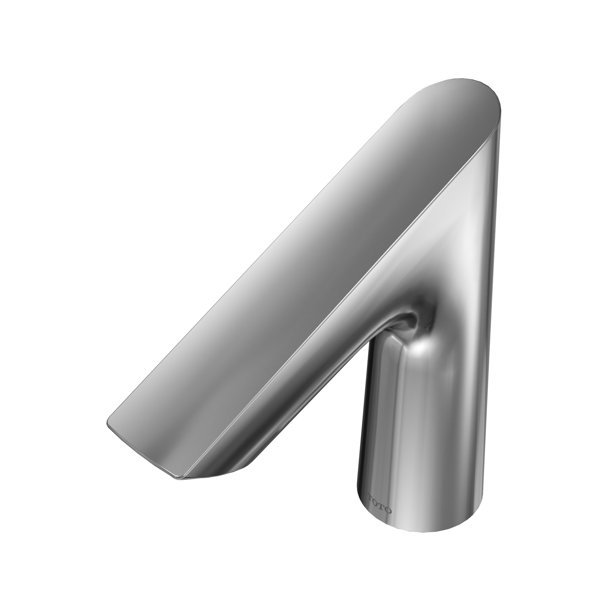 Polished chrome touchless bathroom faucet with curved spout and cylindrical base.