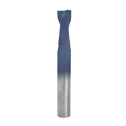 Blue and silver spiral router bit with fluted cutting edges and cylindrical shank.