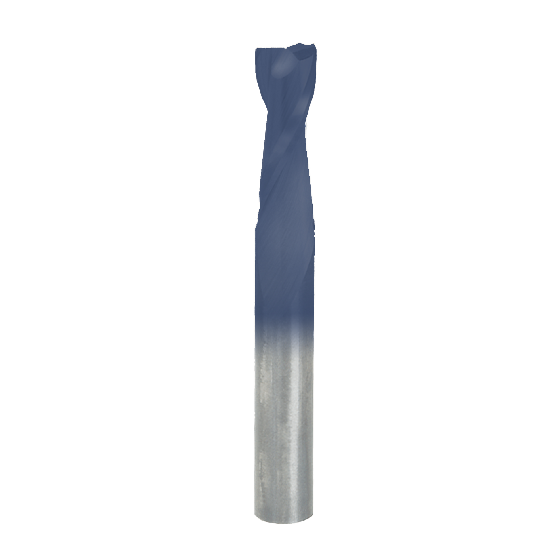 Blue and silver spiral router bit with fluted cutting edges and cylindrical shank.