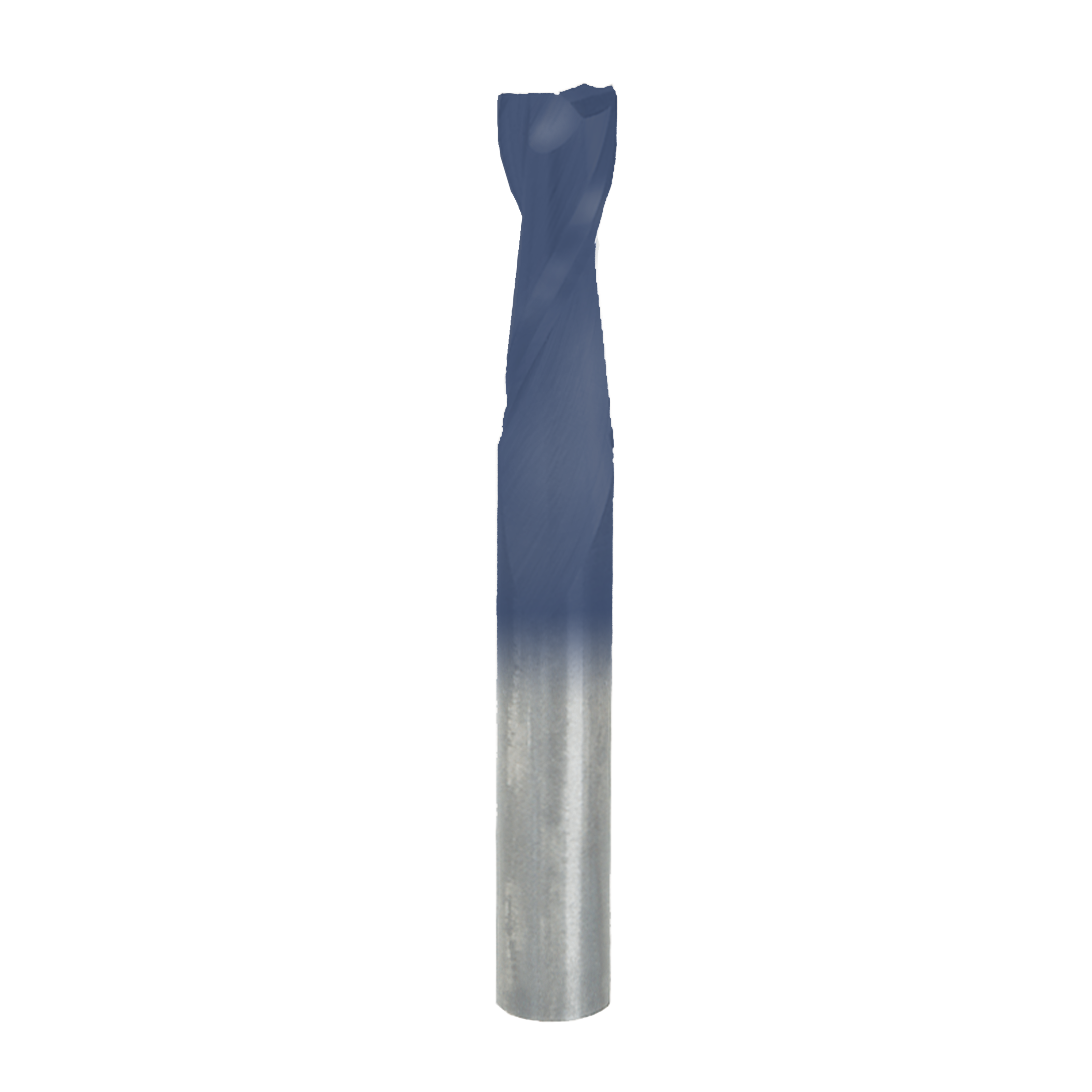 Blue and silver spiral router bit with fluted cutting edges and cylindrical shank.
