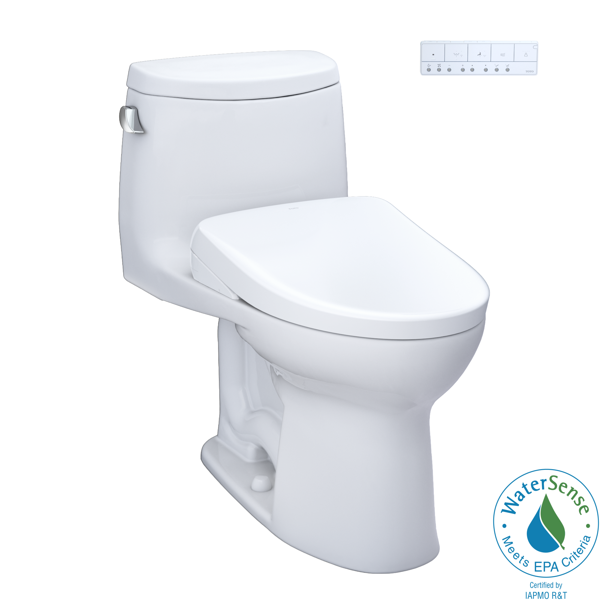 Toto UltraMax II One Piece Elongated Universal Height Toilet with CEFIONTECT 1.28 GPF with Contemporary Washlet+ Auto Flush S7A Bidet Seat in Cotton White
