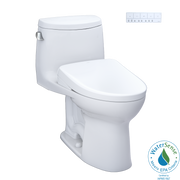 Toto UltraMax II One Piece Elongated Universal Height Toilet with CEFIONTECT 1.28 GPF with Contemporary Washlet+ Auto Flush S7 Bidet Seat in Cotton White