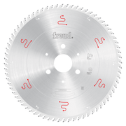 Freud 320mm circular saw blade with fine teeth around perimeter, central arbor hole, and red markings on silver steel surface