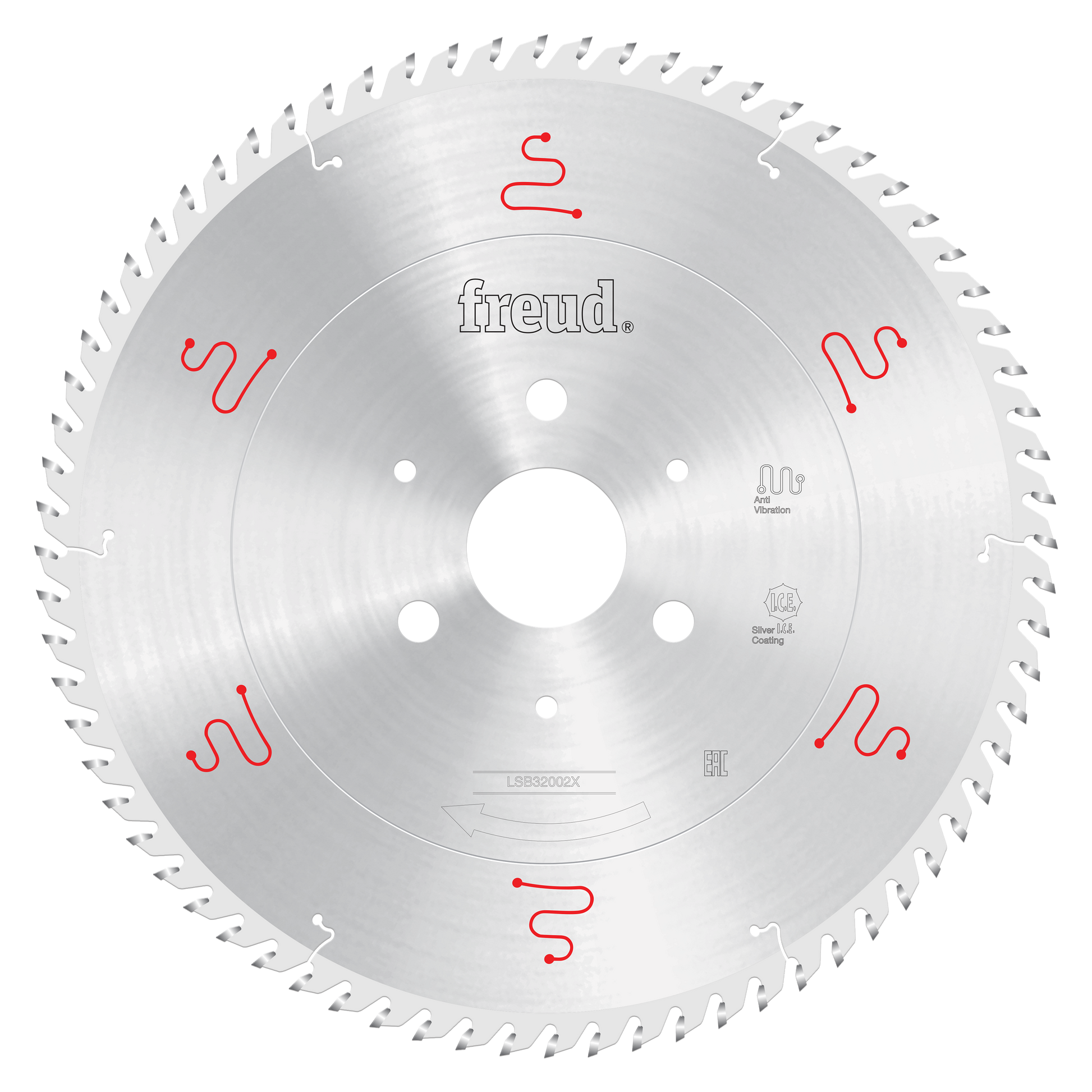 Freud 320mm circular saw blade with fine teeth around perimeter, central arbor hole, and red markings on silver steel surface