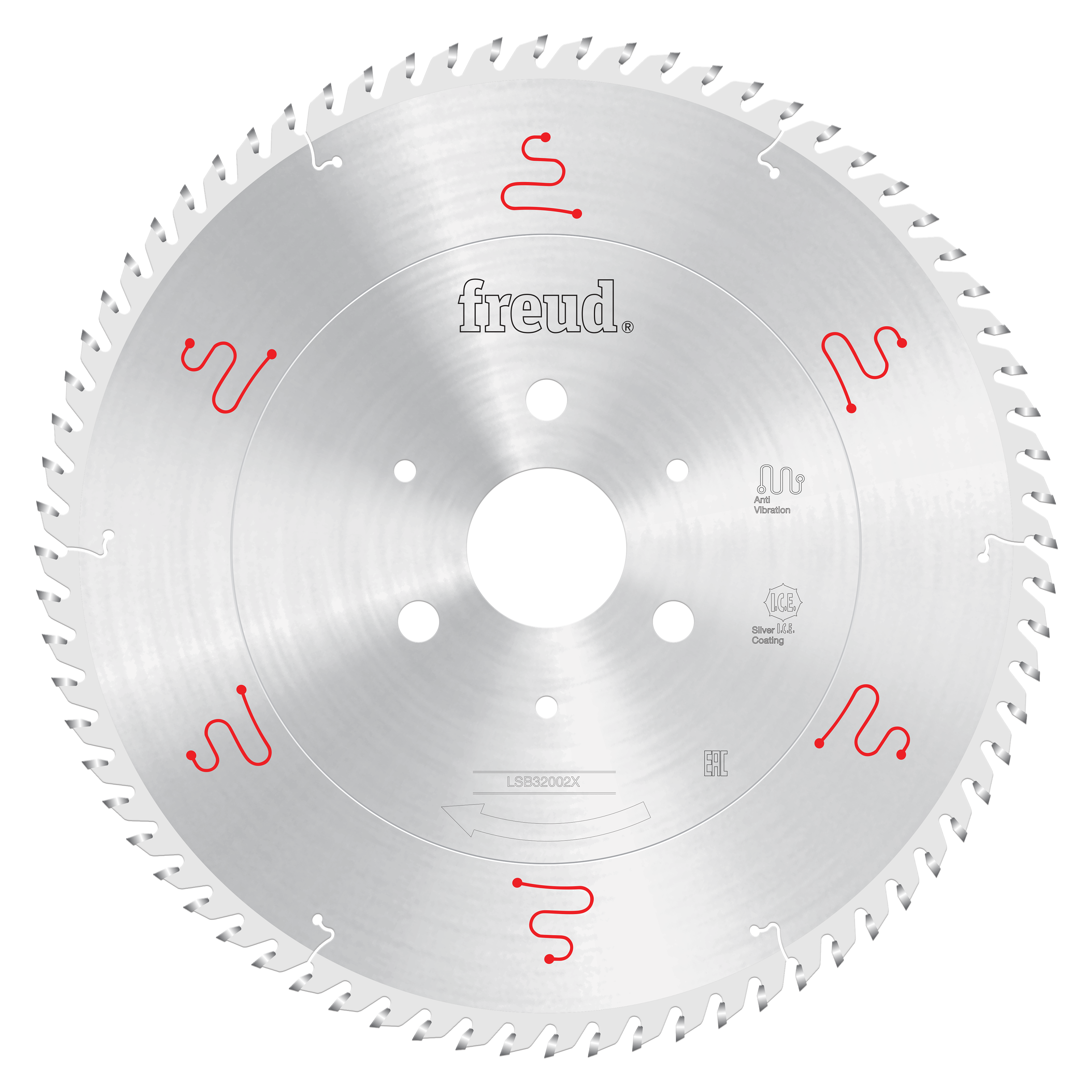 Freud 320mm circular saw blade with fine teeth around perimeter, central arbor hole, and red markings on silver steel surface