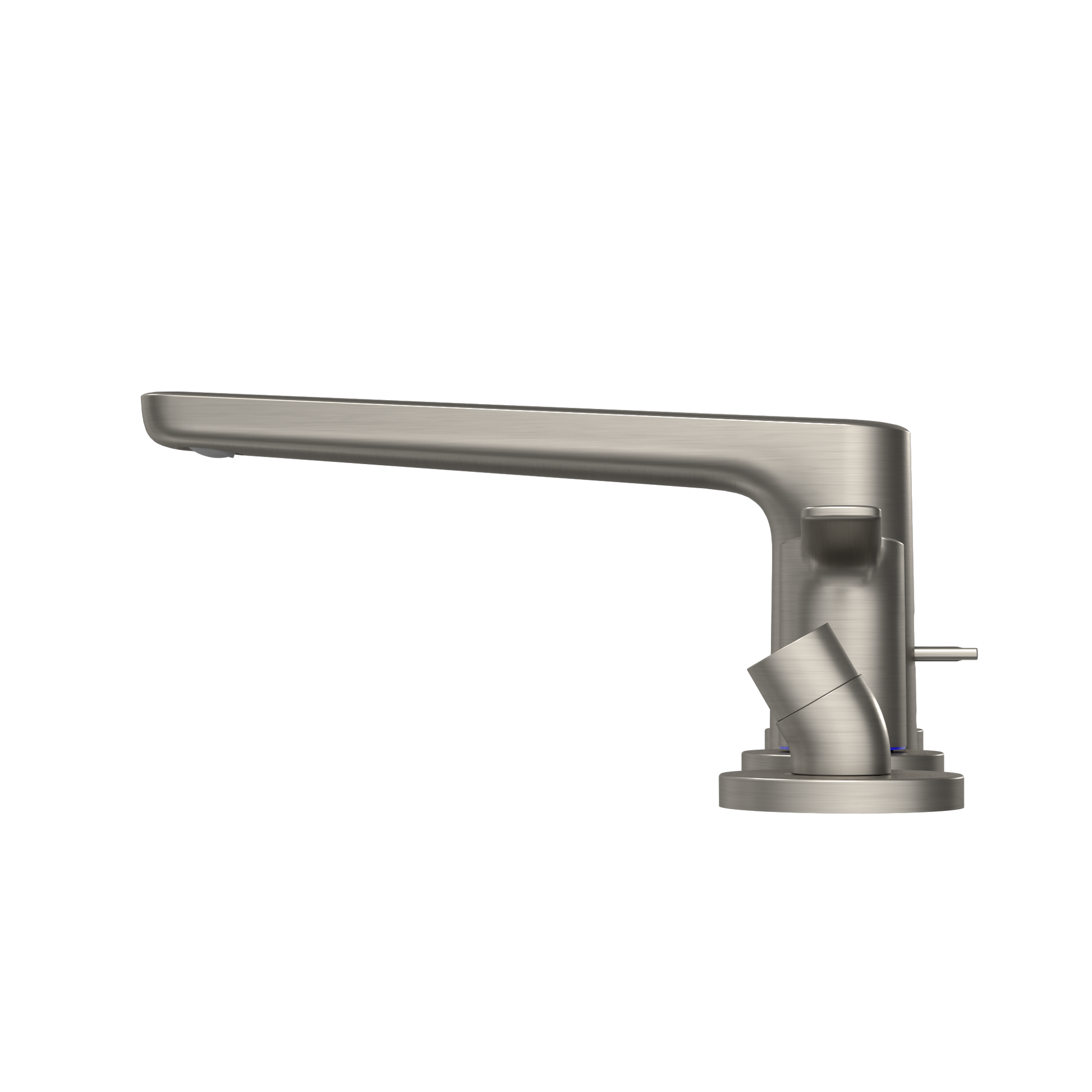 Brushed nickel roman tub filler with angled spout and detachable handshower on square base.