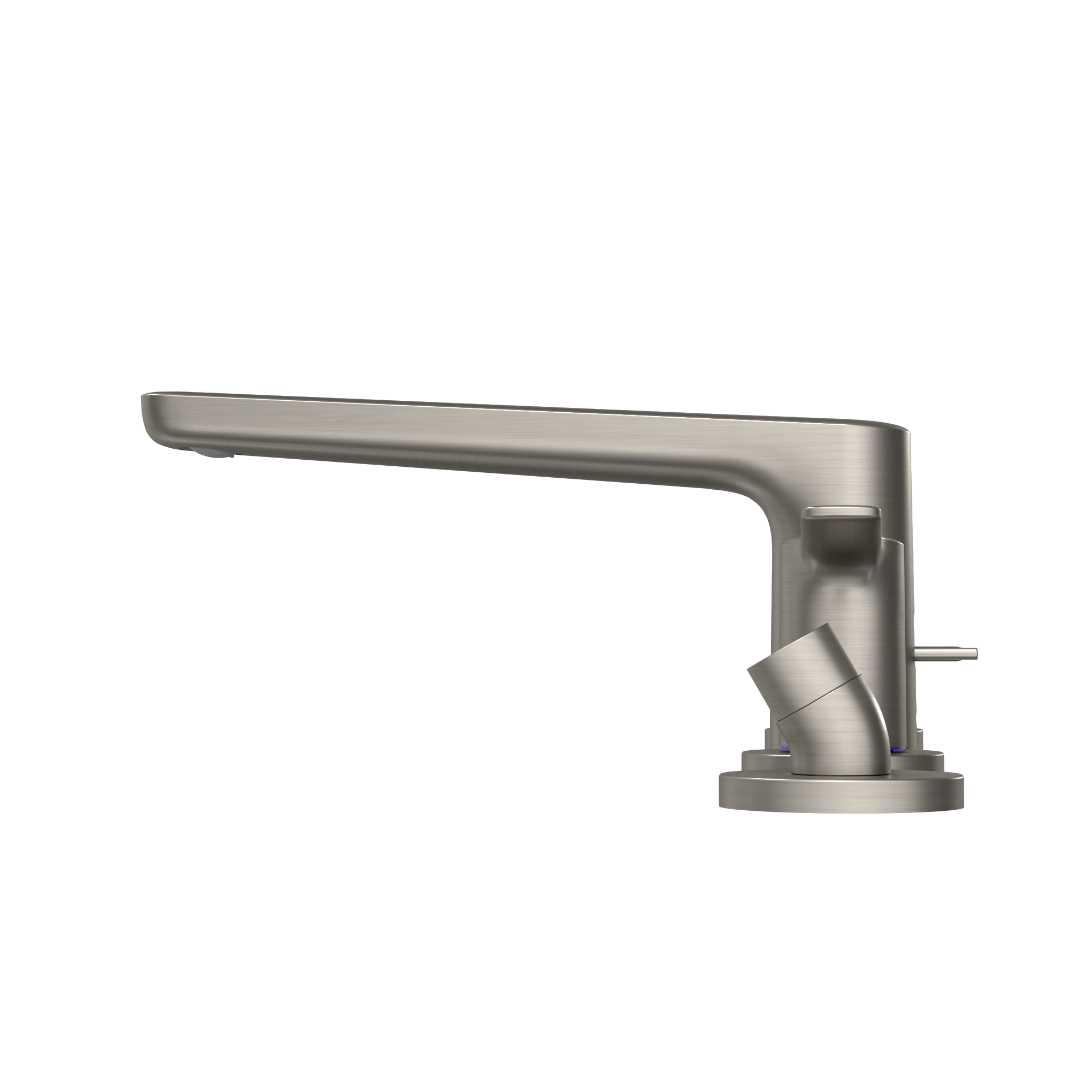 Brushed nickel roman tub filler with angled spout and detachable handshower on square base.