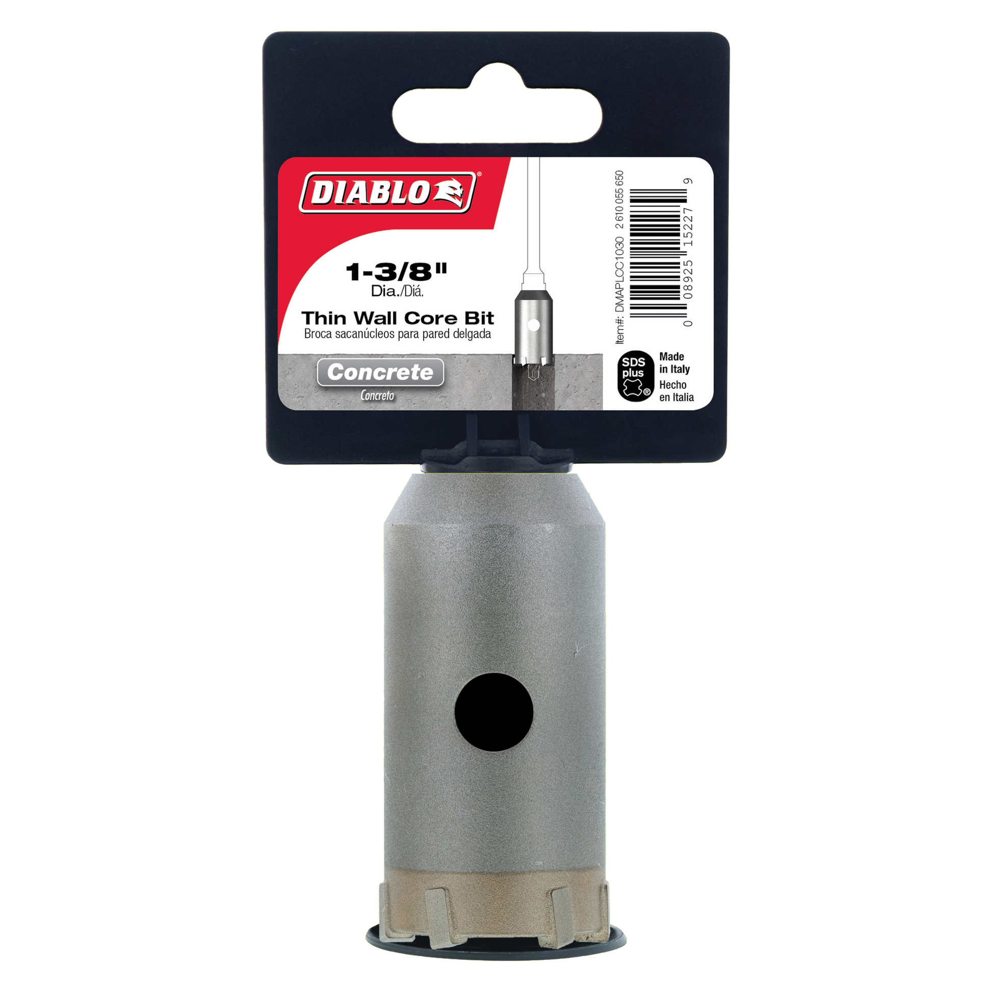 Diablo 1-3/8 in. SDS-Plus thin wall carbide tipped core bit for concrete with gray metal body and segmented base.