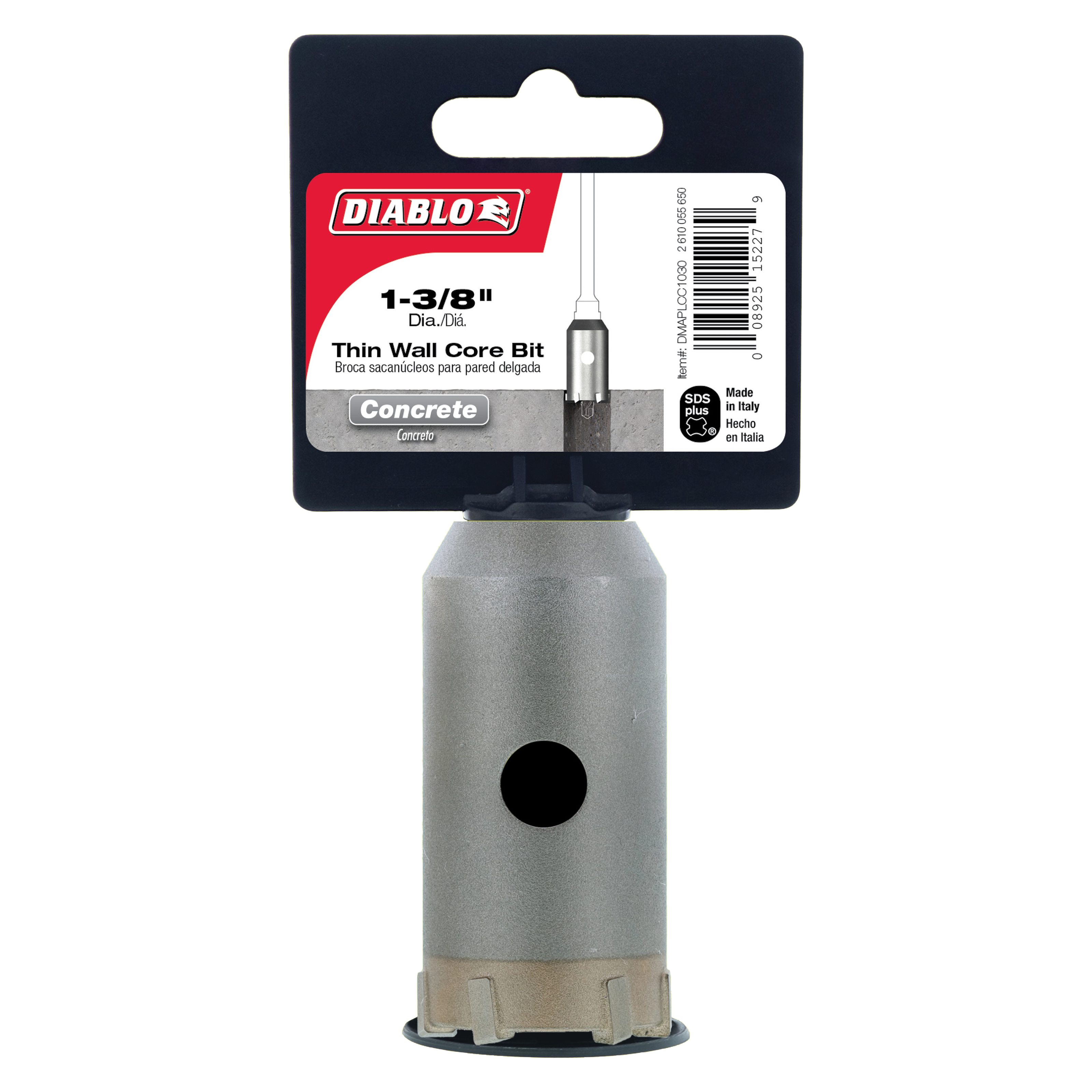 Diablo 1-3/8 in. SDS-Plus thin wall carbide tipped core bit for concrete with gray metal body and segmented base.