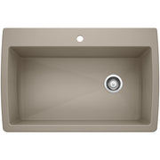 Truffle-colored drop-in kitchen sink with single bowl, drain, and faucet hole.