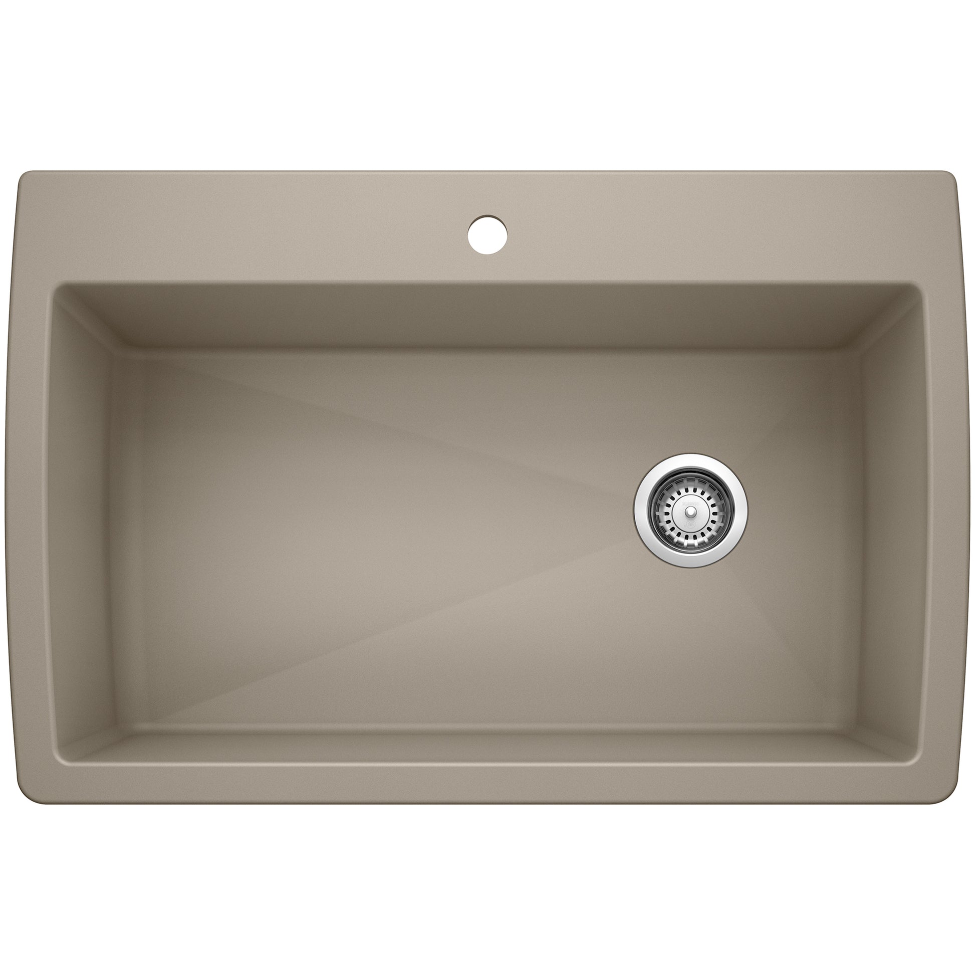 Truffle-colored drop-in kitchen sink with single bowl, drain, and faucet hole.