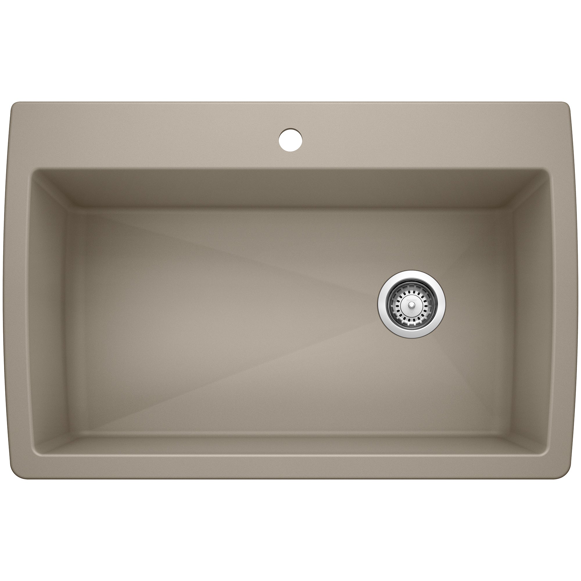 Truffle-colored drop-in kitchen sink with single bowl, drain, and faucet hole.