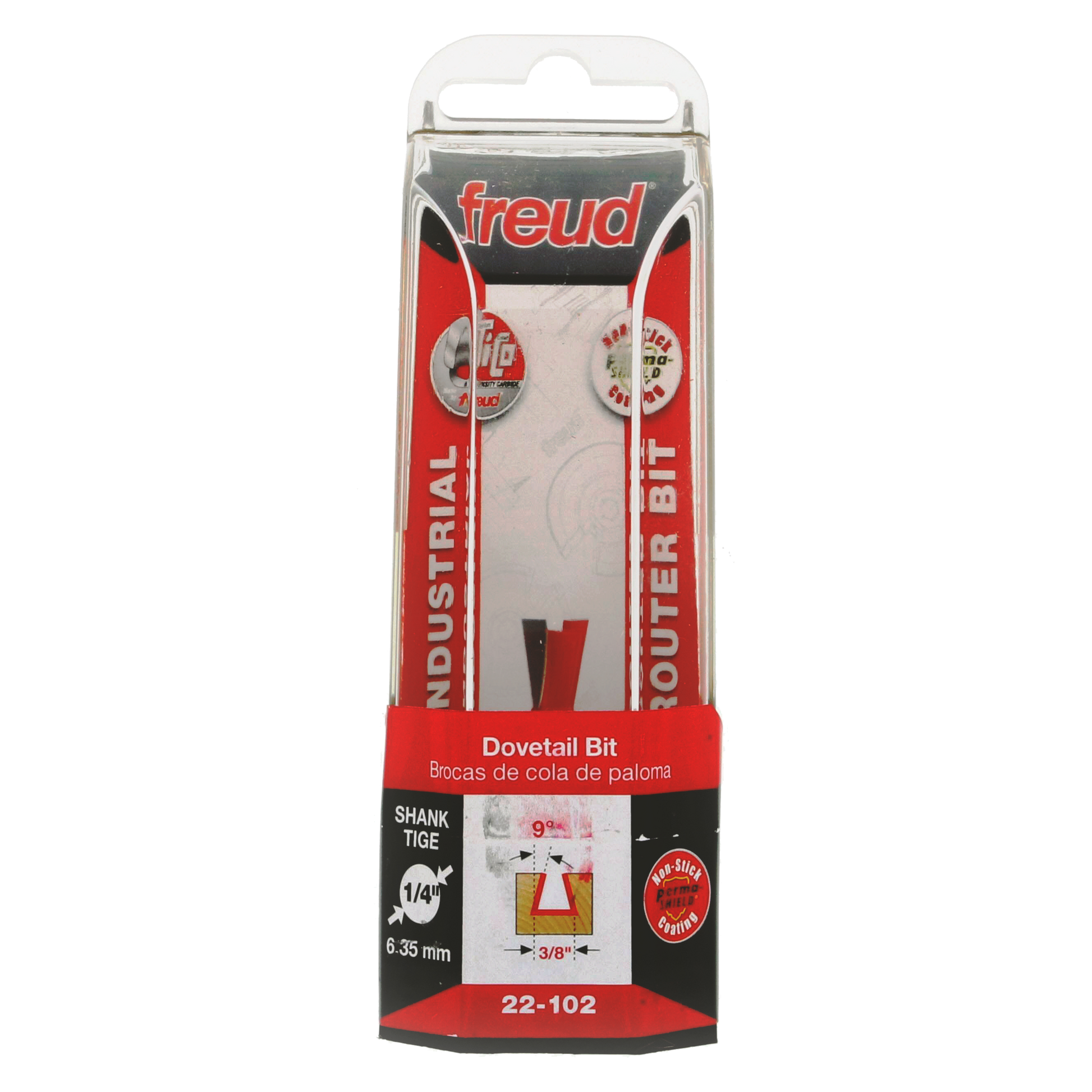 Freud 22-102 dovetail bit with 1/4" shank and 3/8" cutting diameter in clear plastic packaging.