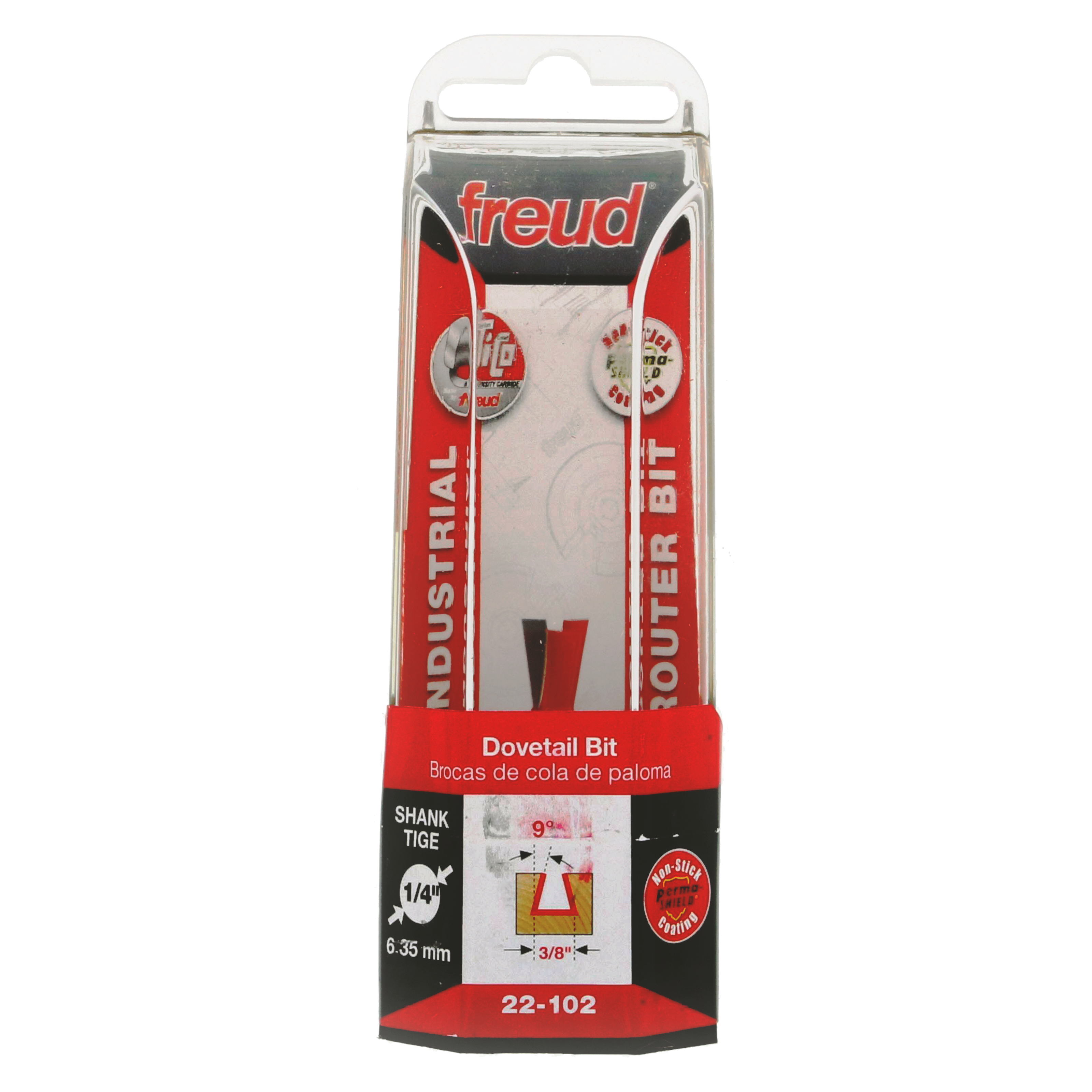 Freud 22-102 dovetail bit with 1/4" shank and 3/8" cutting diameter in clear plastic packaging.