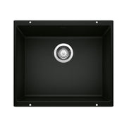 Coal black single bowl kitchen sink with chrome drain strainer, viewed from above.