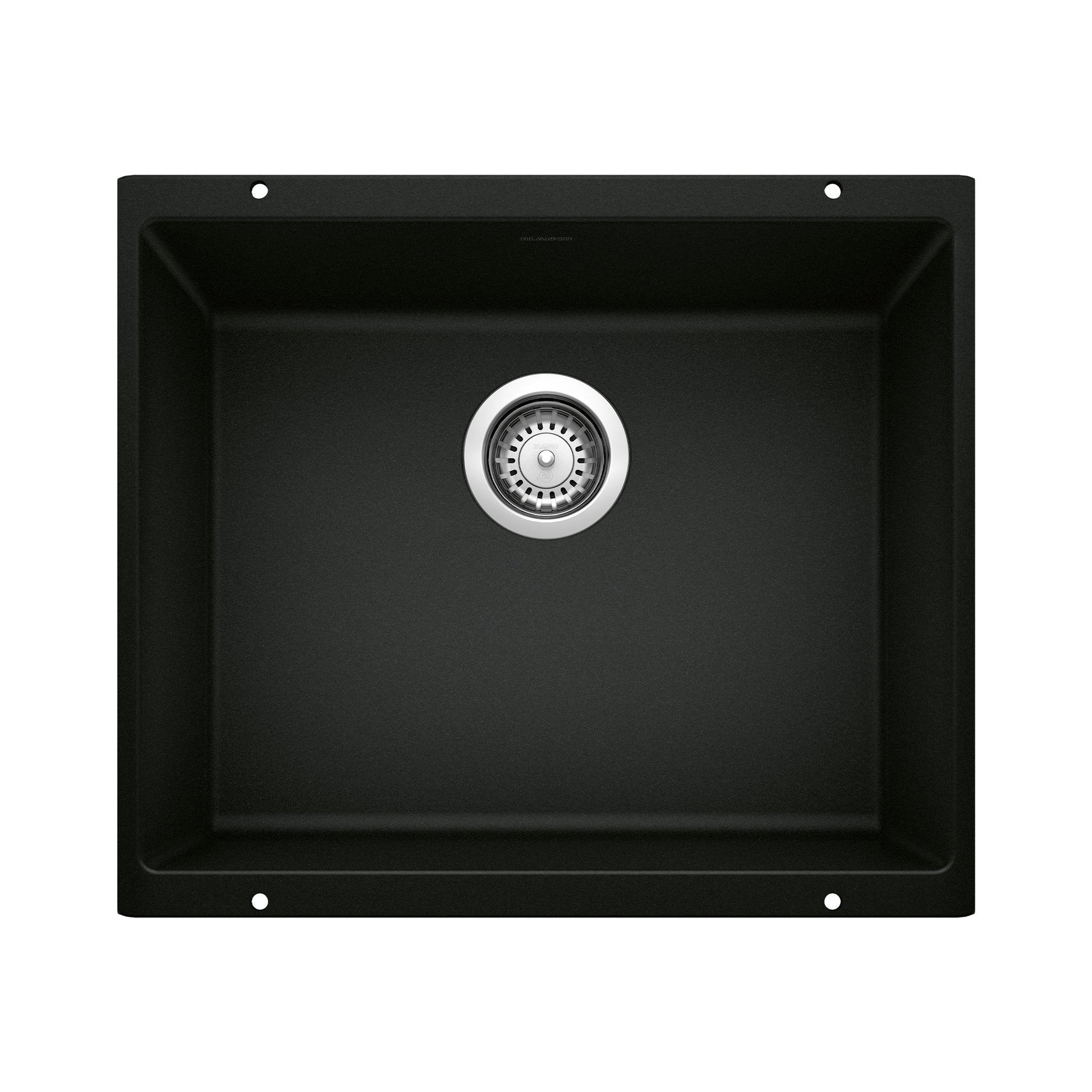 Coal black single bowl kitchen sink with chrome drain strainer, viewed from above.