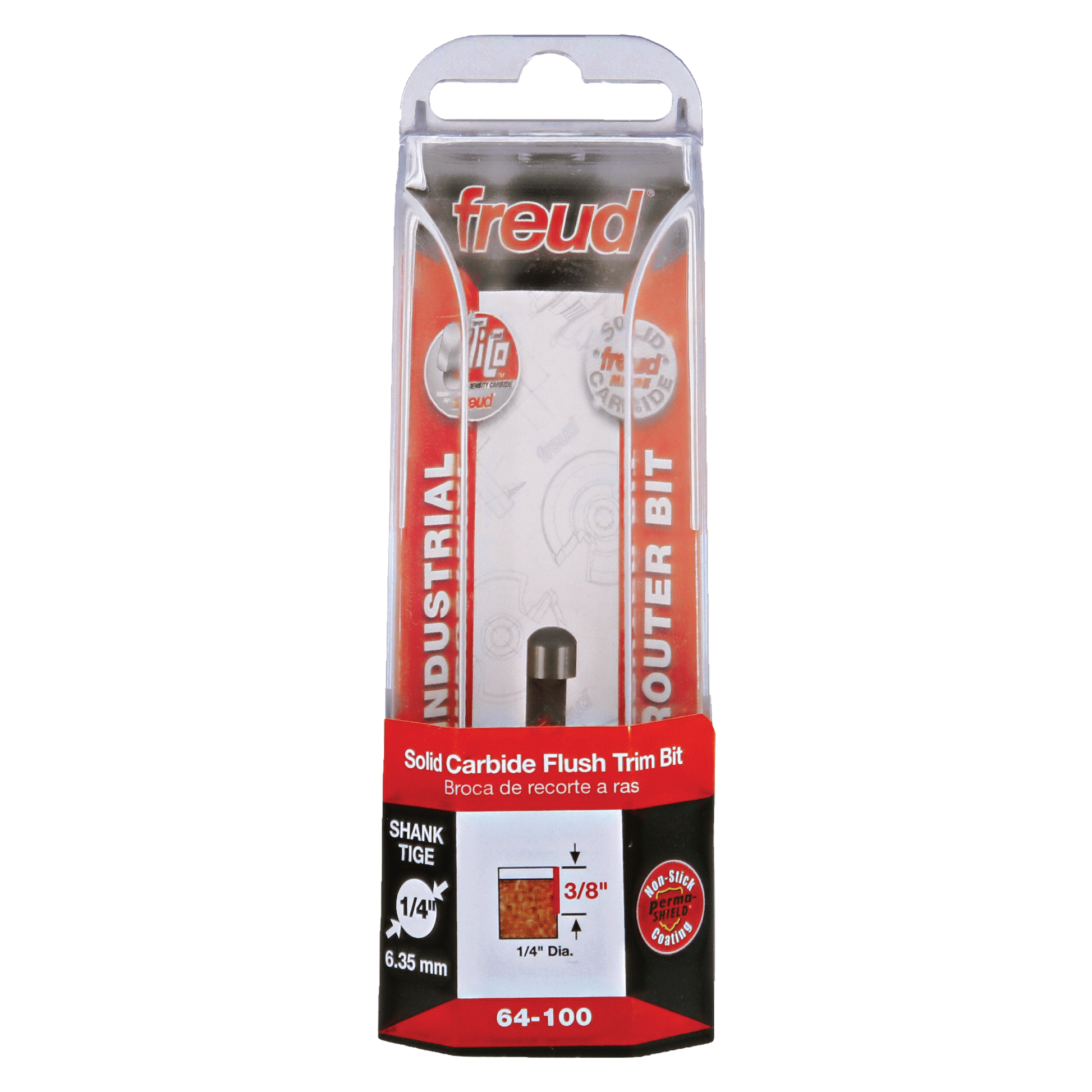 Freud 64-100 solid carbide flush trim bit with 1/4" diameter in clear plastic clamshell packaging.