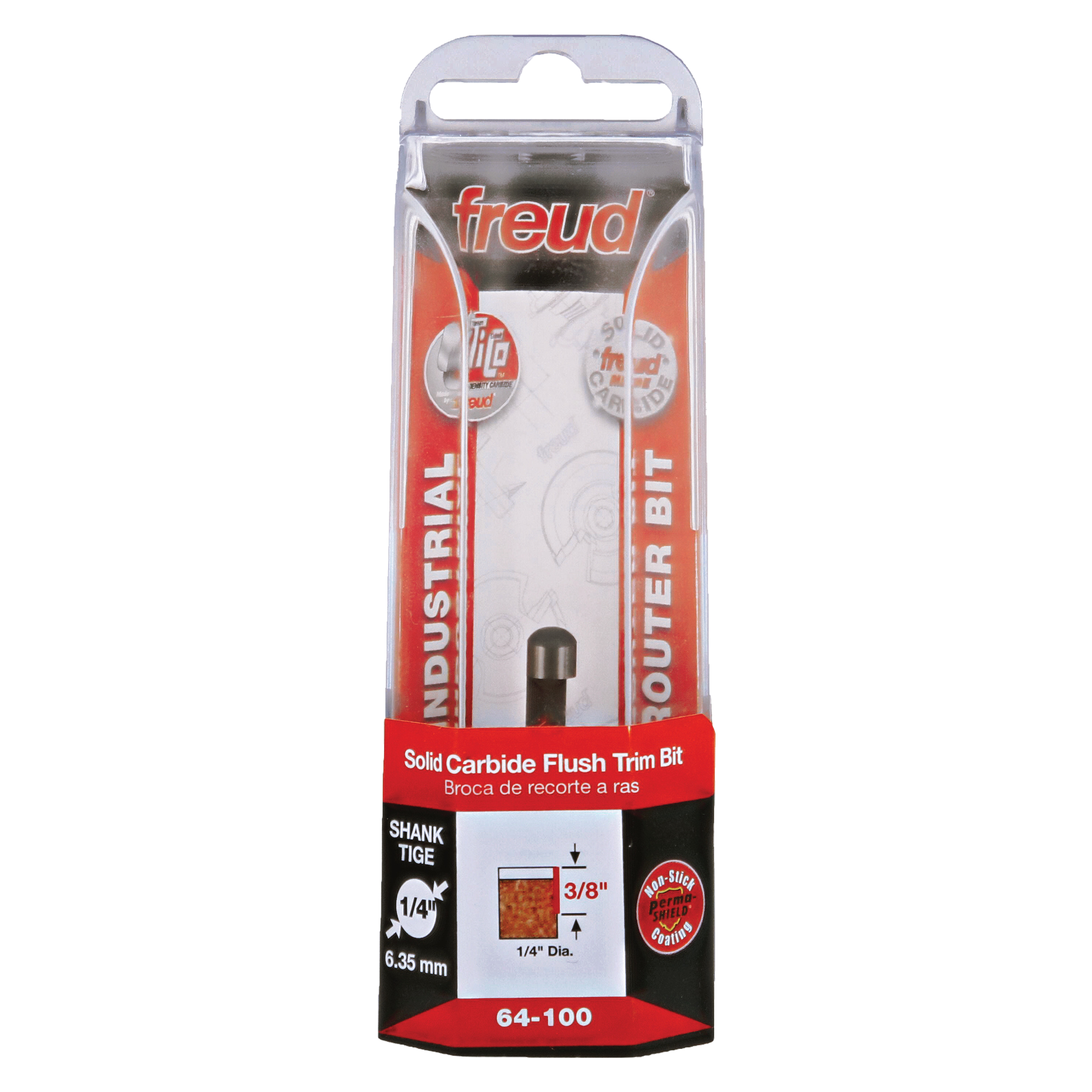 Freud 64-100 solid carbide flush trim bit with 1/4" diameter in clear plastic clamshell packaging.