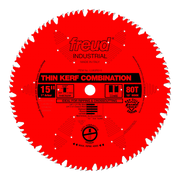 Red circular saw blade with white teeth, center arbor hole, and black text indicating 15" diameter, 80T tooth count, thin ker