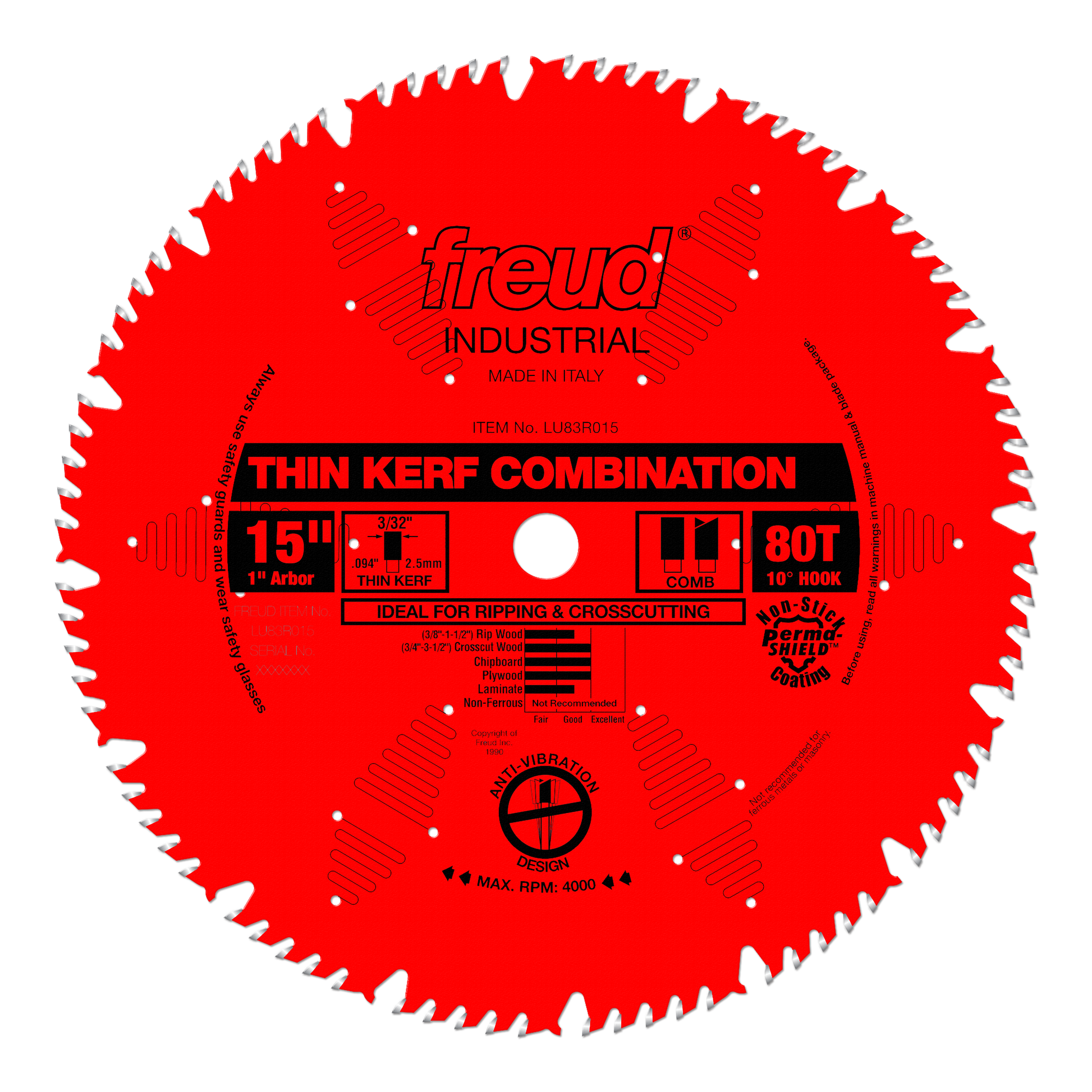 Red circular saw blade with white teeth, center arbor hole, and black text indicating 15" diameter, 80T tooth count, thin ker