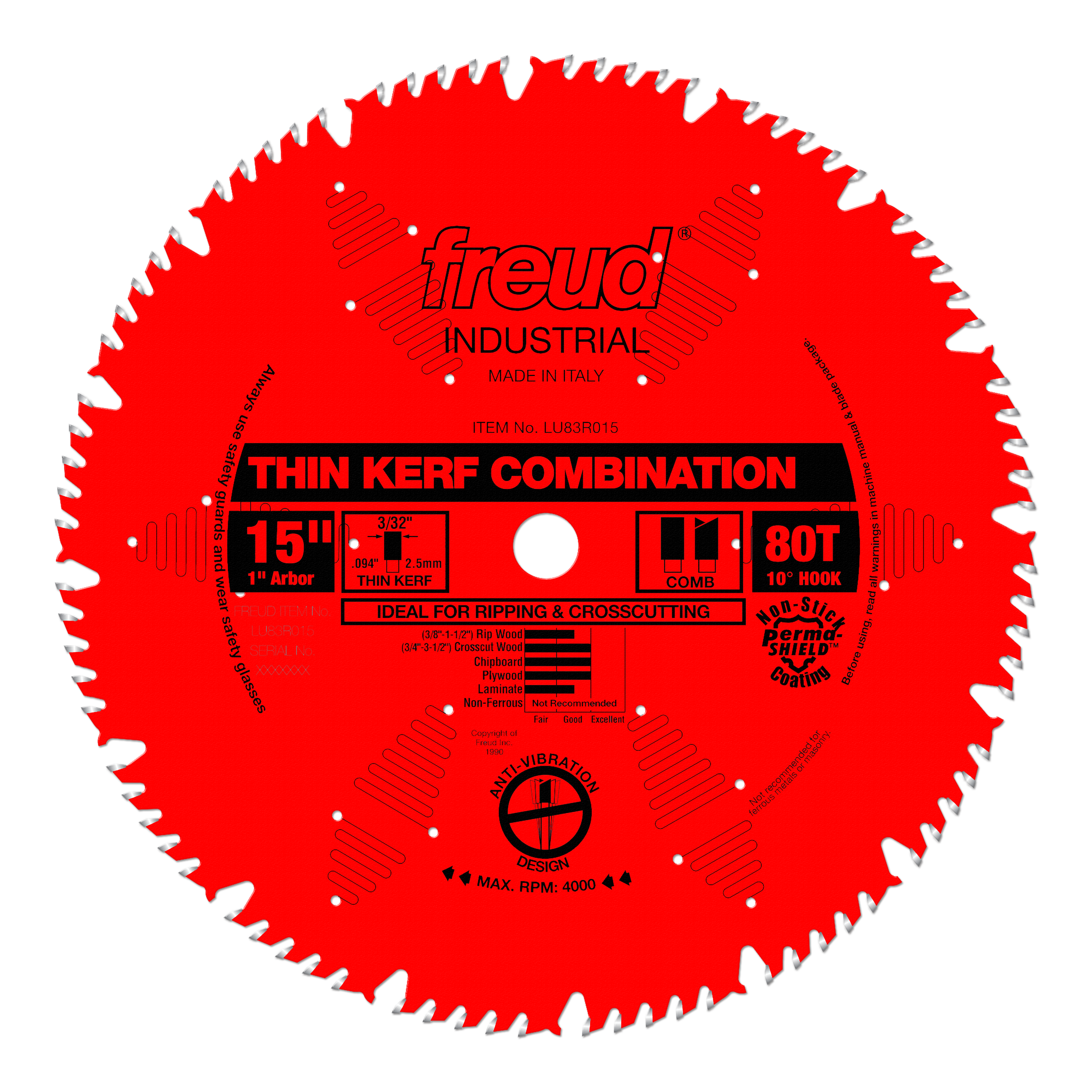 Red circular saw blade with white teeth, center arbor hole, and black text indicating 15" diameter, 80T tooth count, thin ker