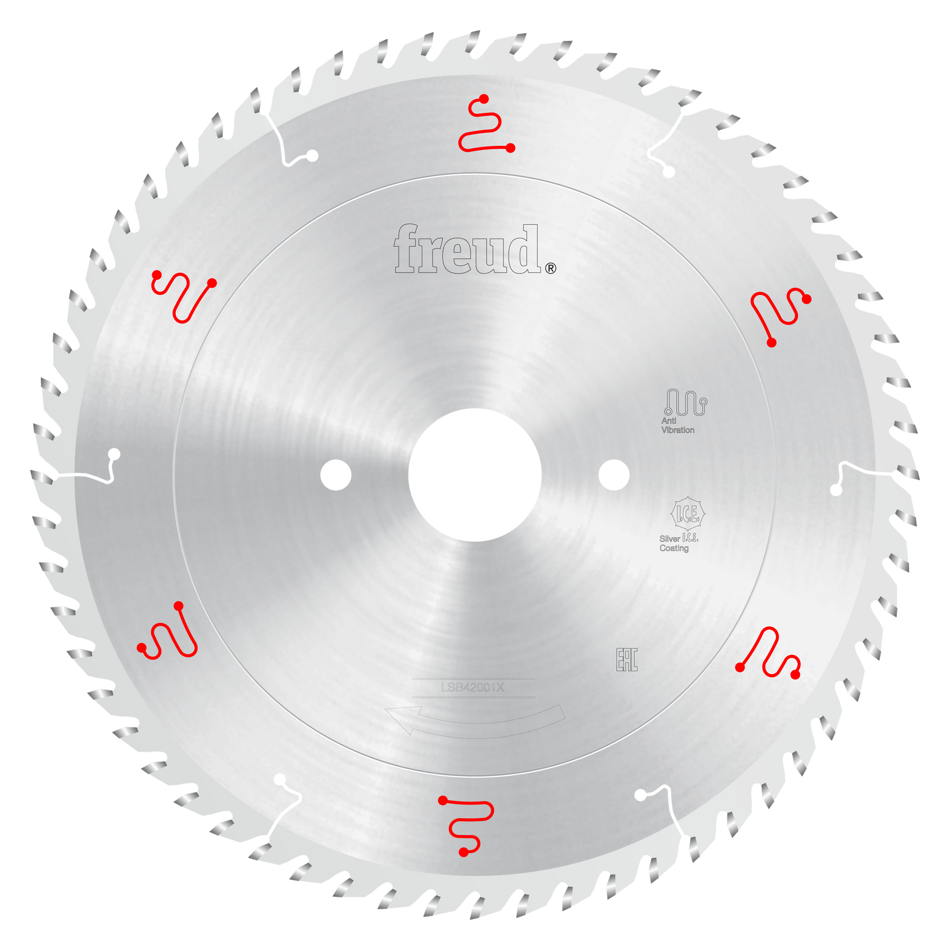 Freud 420mm circular saw blade with silver coating, multiple teeth around perimeter, and center mounting hole for horizontal 