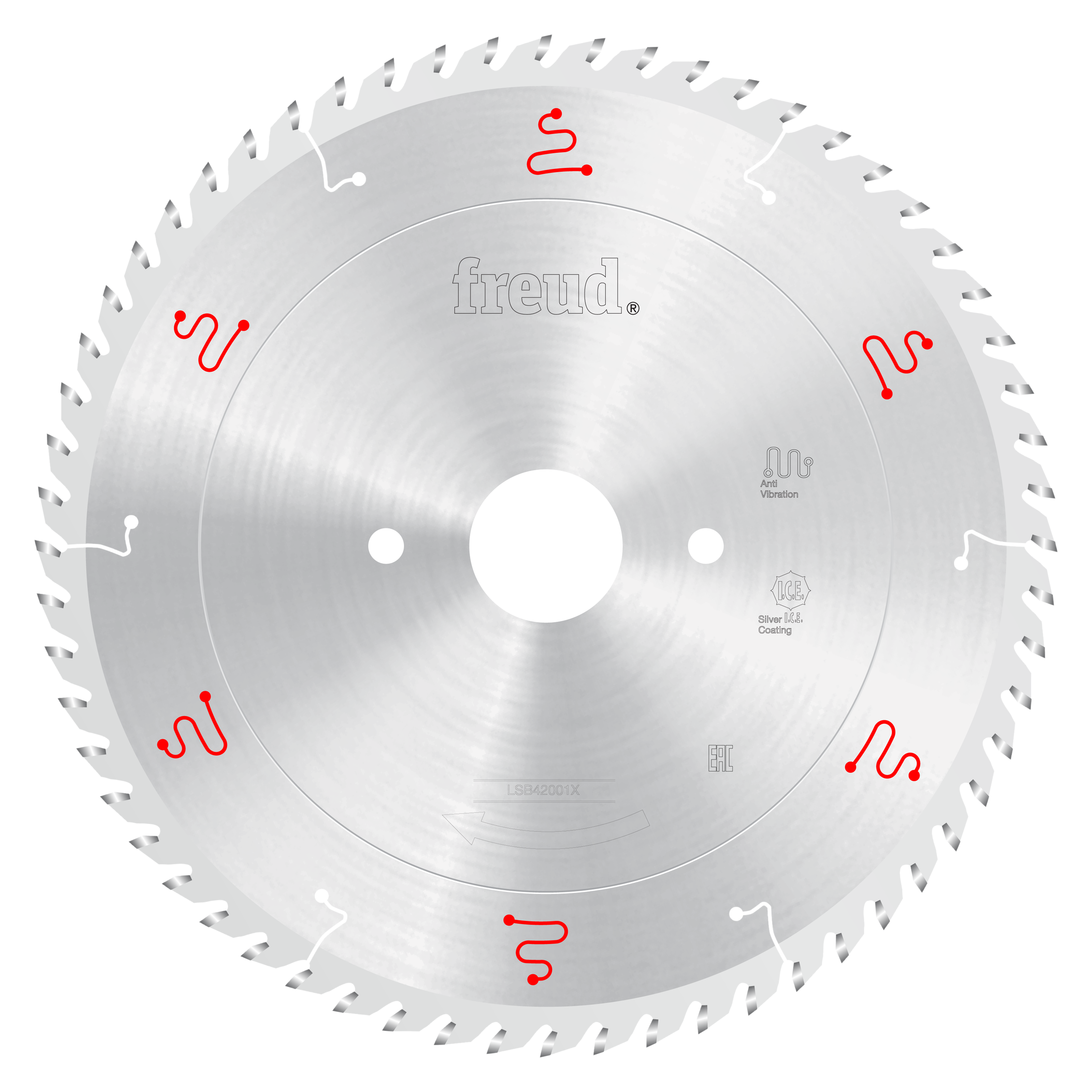 Freud 420mm circular saw blade with silver coating, multiple teeth around perimeter, and center mounting hole for horizontal 