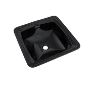 Black square undermount bathroom sink with rounded rim and single faucet hole.
