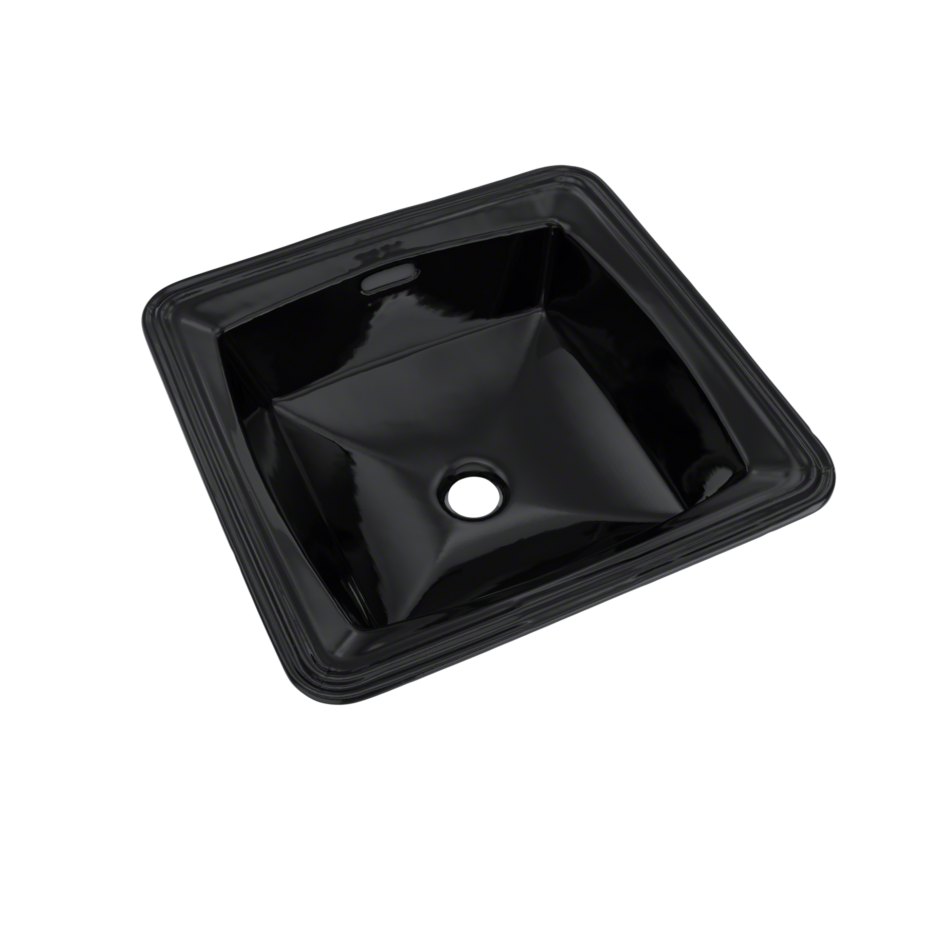 Black square undermount bathroom sink with rounded rim and single faucet hole.