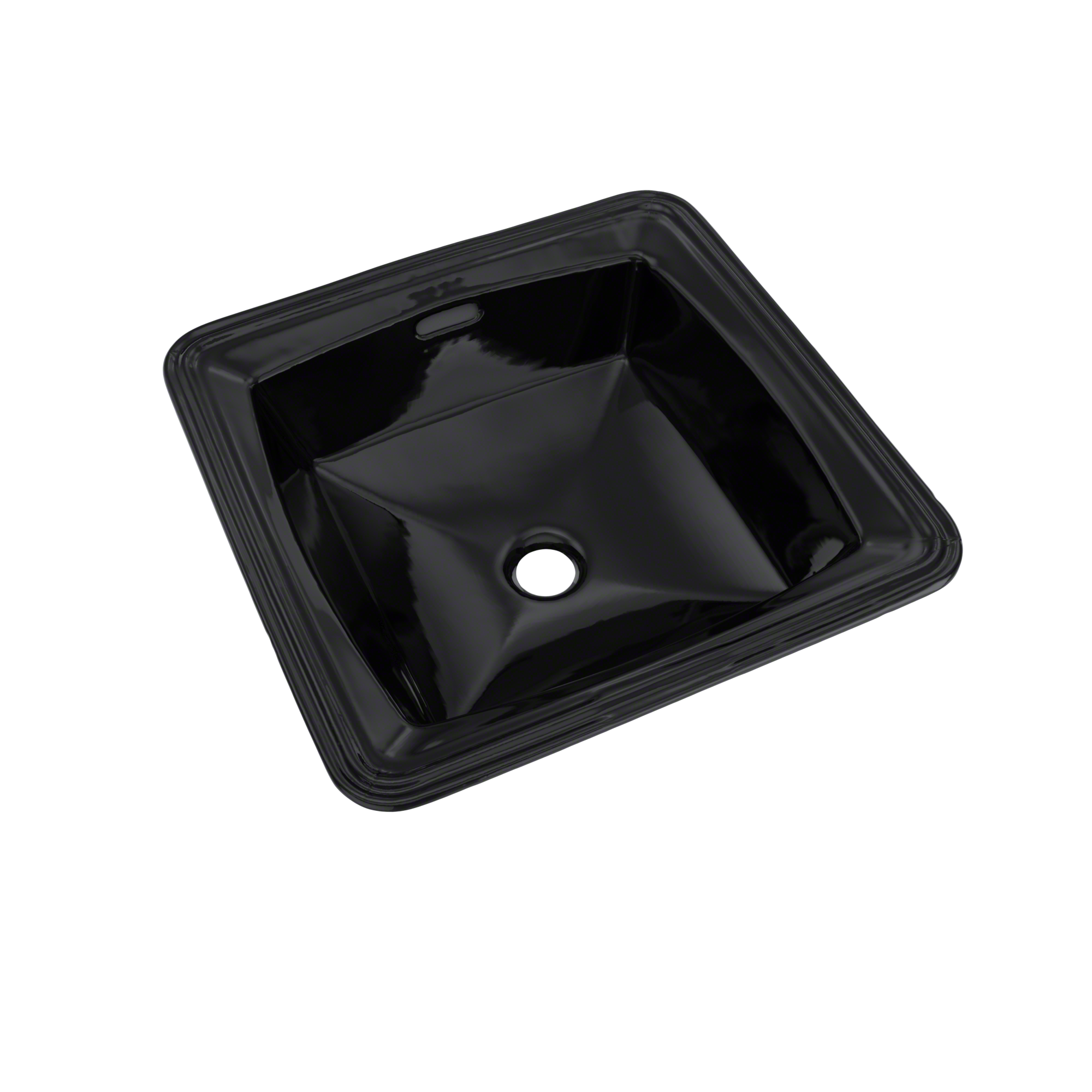 Black square undermount bathroom sink with rounded rim and single faucet hole.