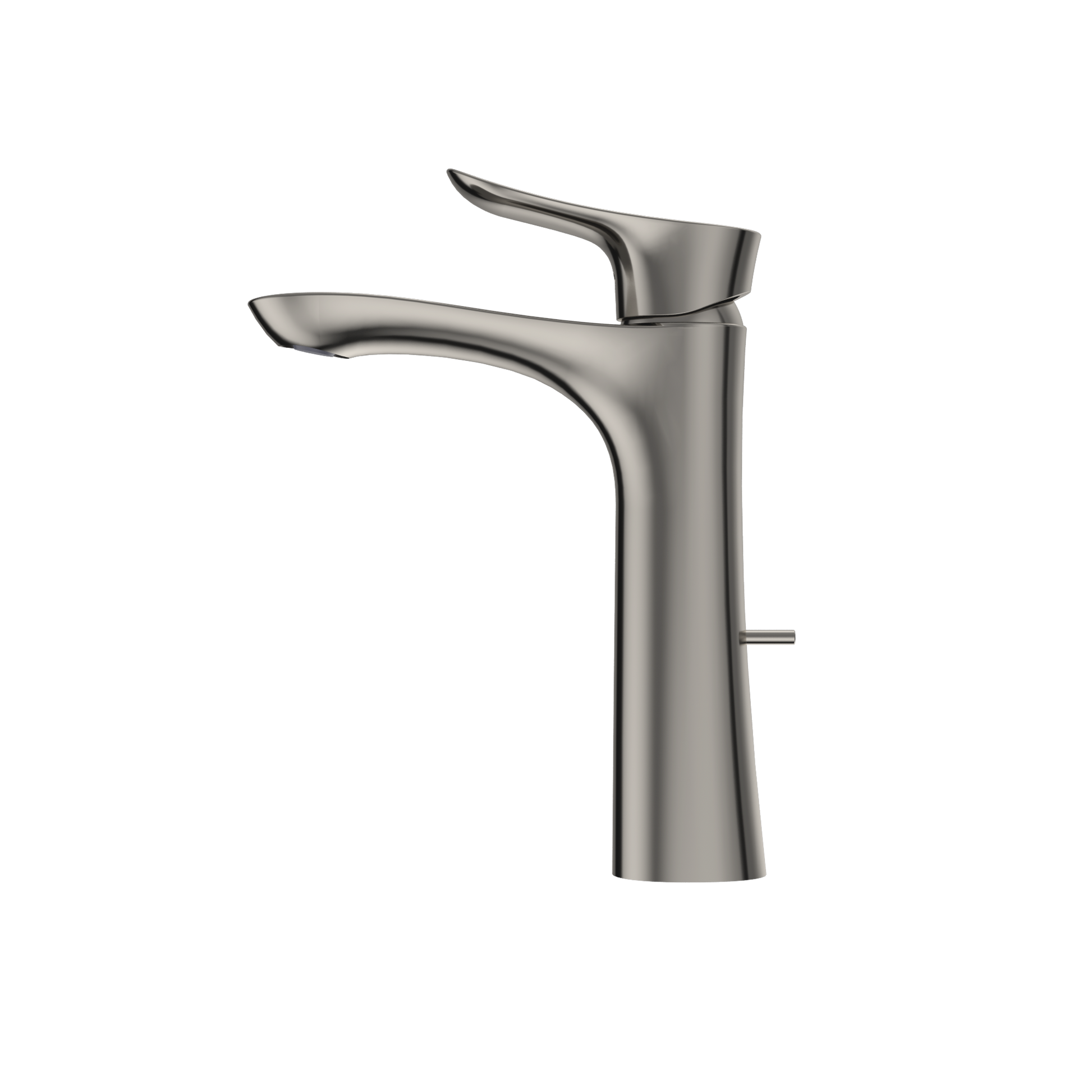 Polished nickel single-handle bathroom sink faucet with curved spout and lever control.