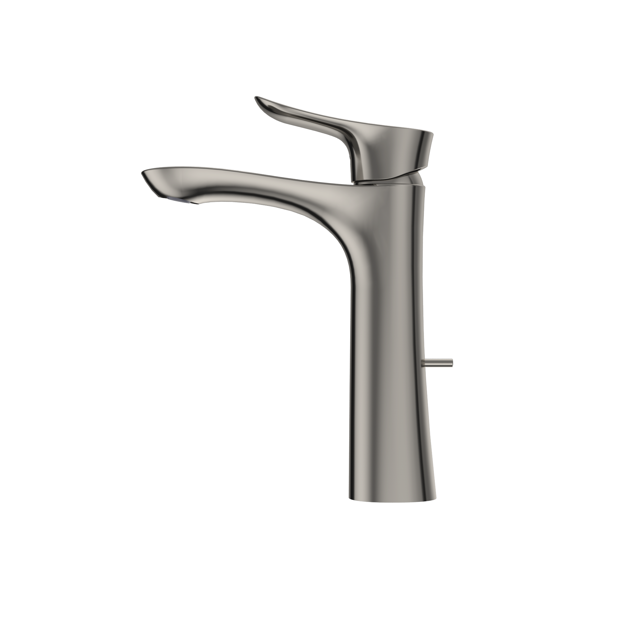 Polished nickel single-handle bathroom sink faucet with curved spout and lever control.